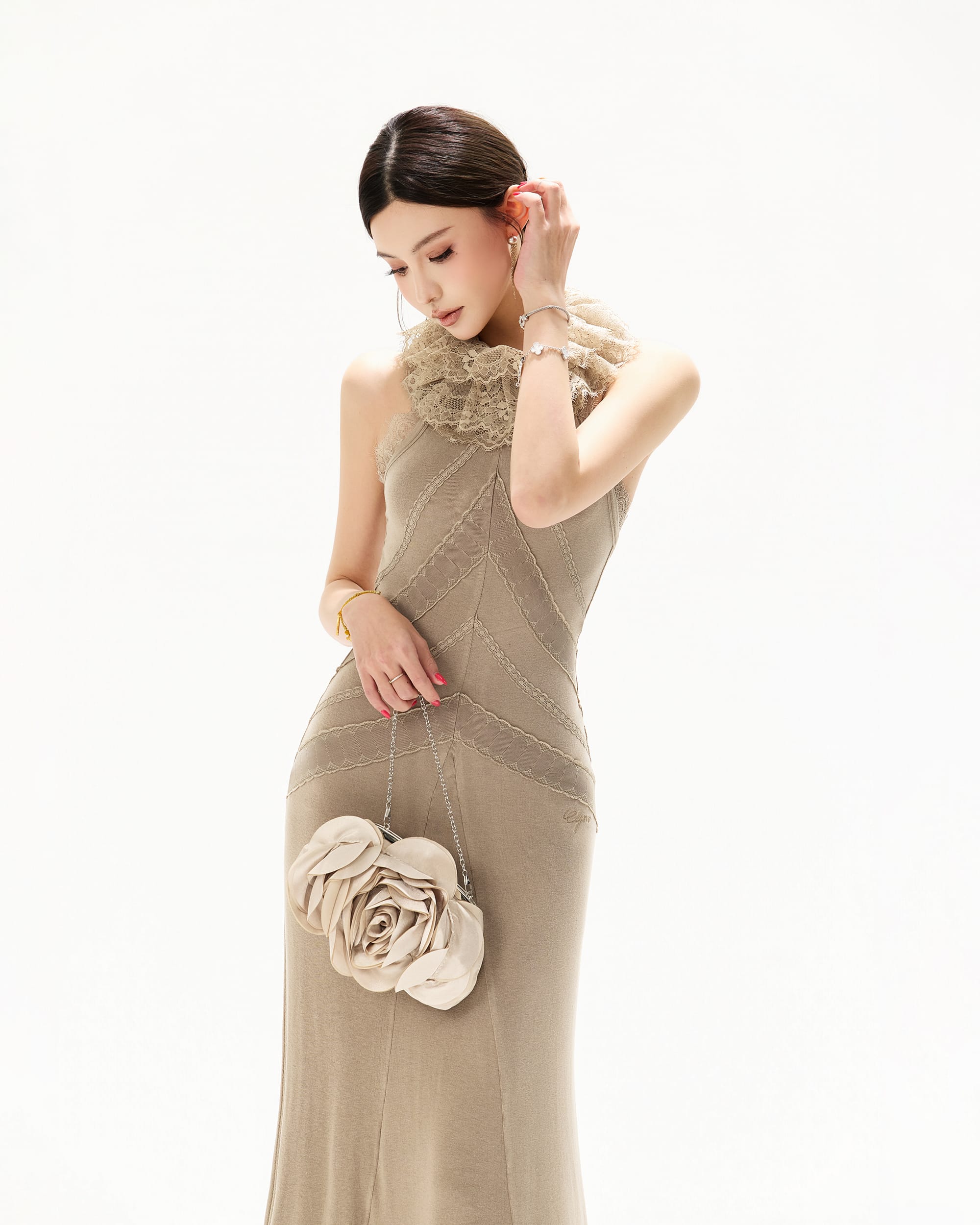 CYNR Lace-Trim Ruffle Halter Dress