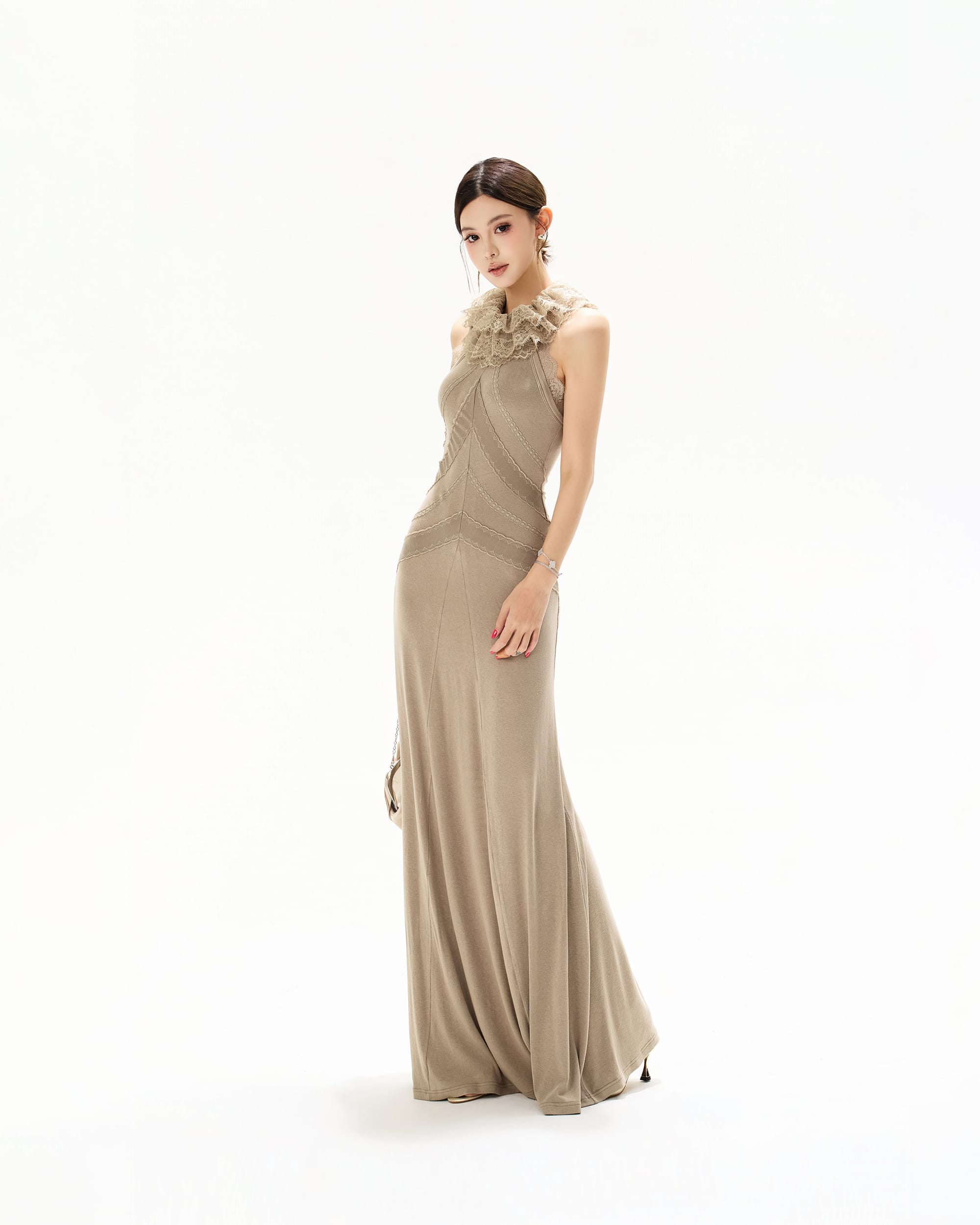 CYNR Lace-Trim Ruffle Halter Dress