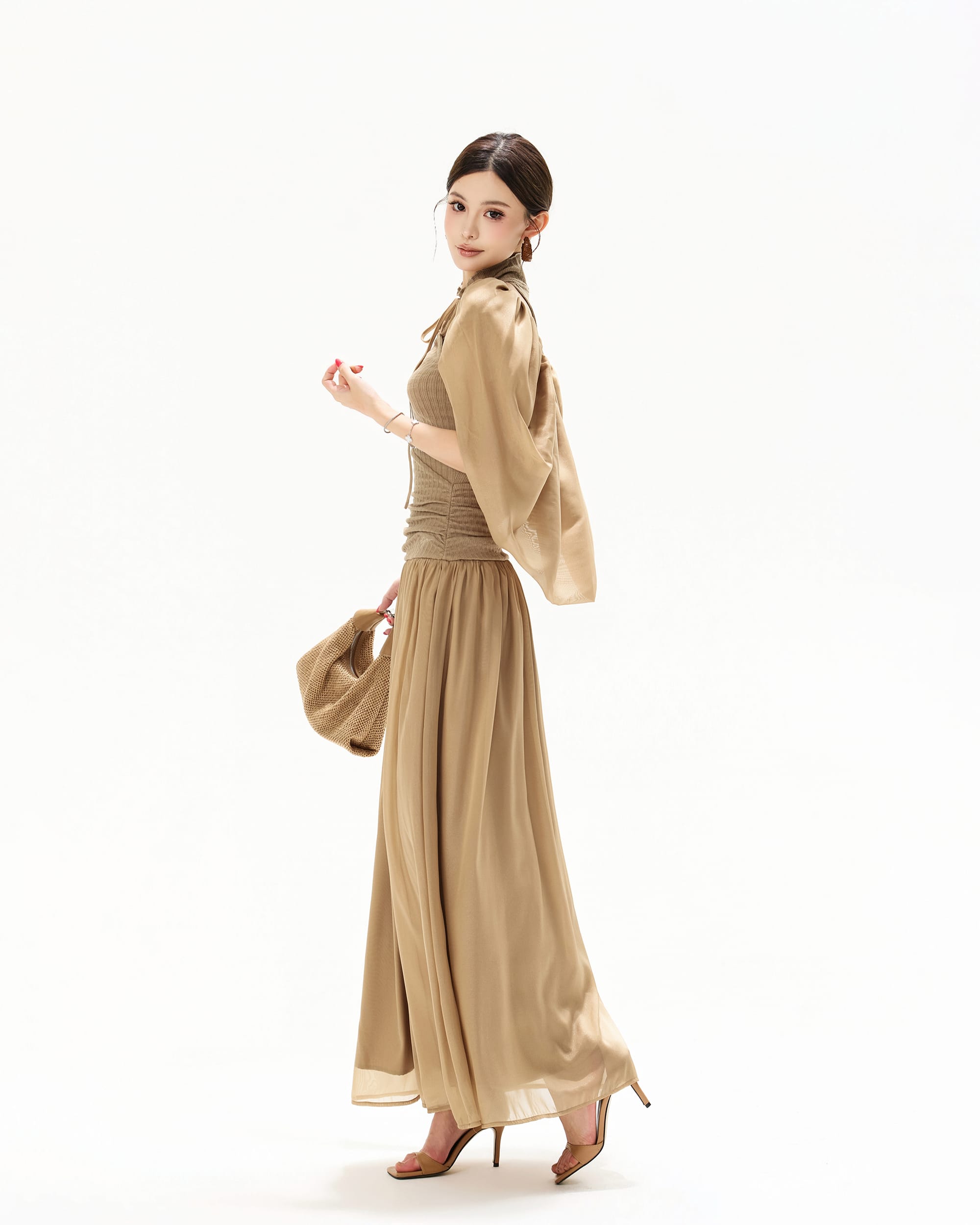 CYNR Chiffon Cape Halter Ruched Maxi Dress
