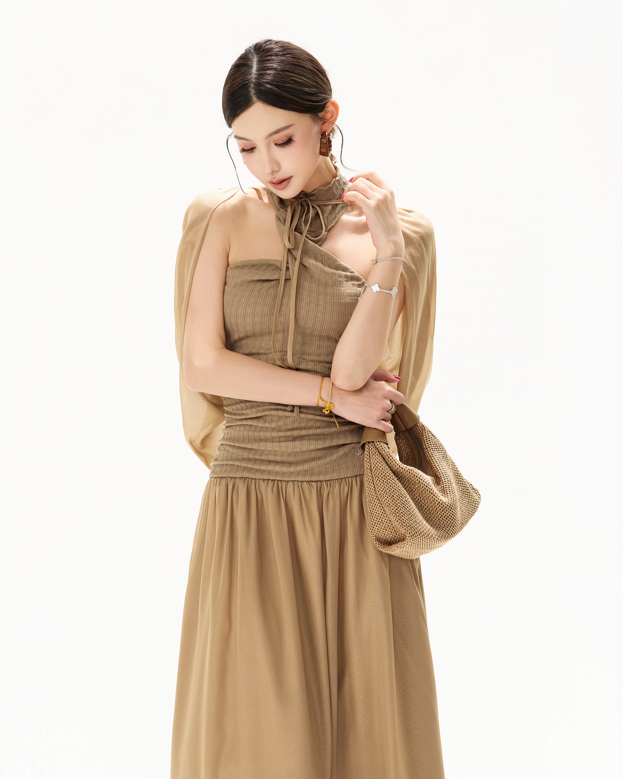 CYNR Chiffon Cape Halter Ruched Maxi Dress