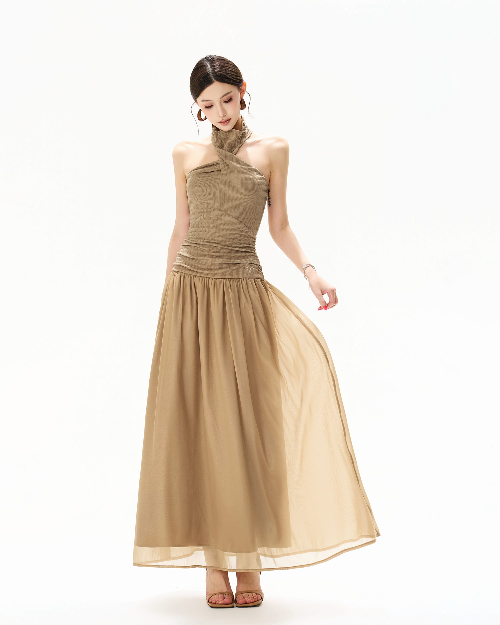 CYNR Chiffon Cape Halter Ruched Maxi Dress