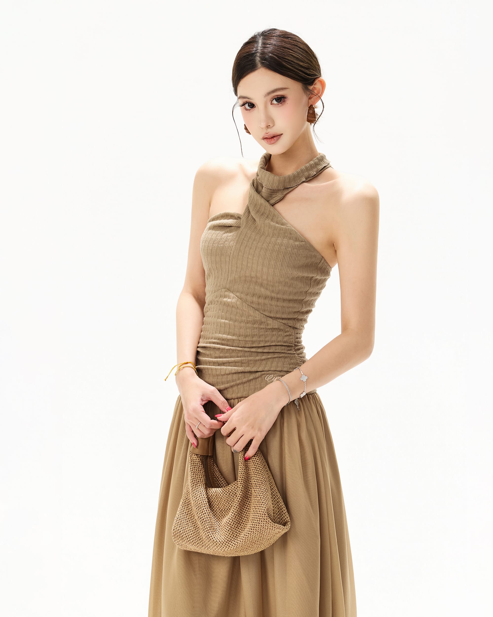 CYNR Chiffon Cape Halter Ruched Maxi Dress