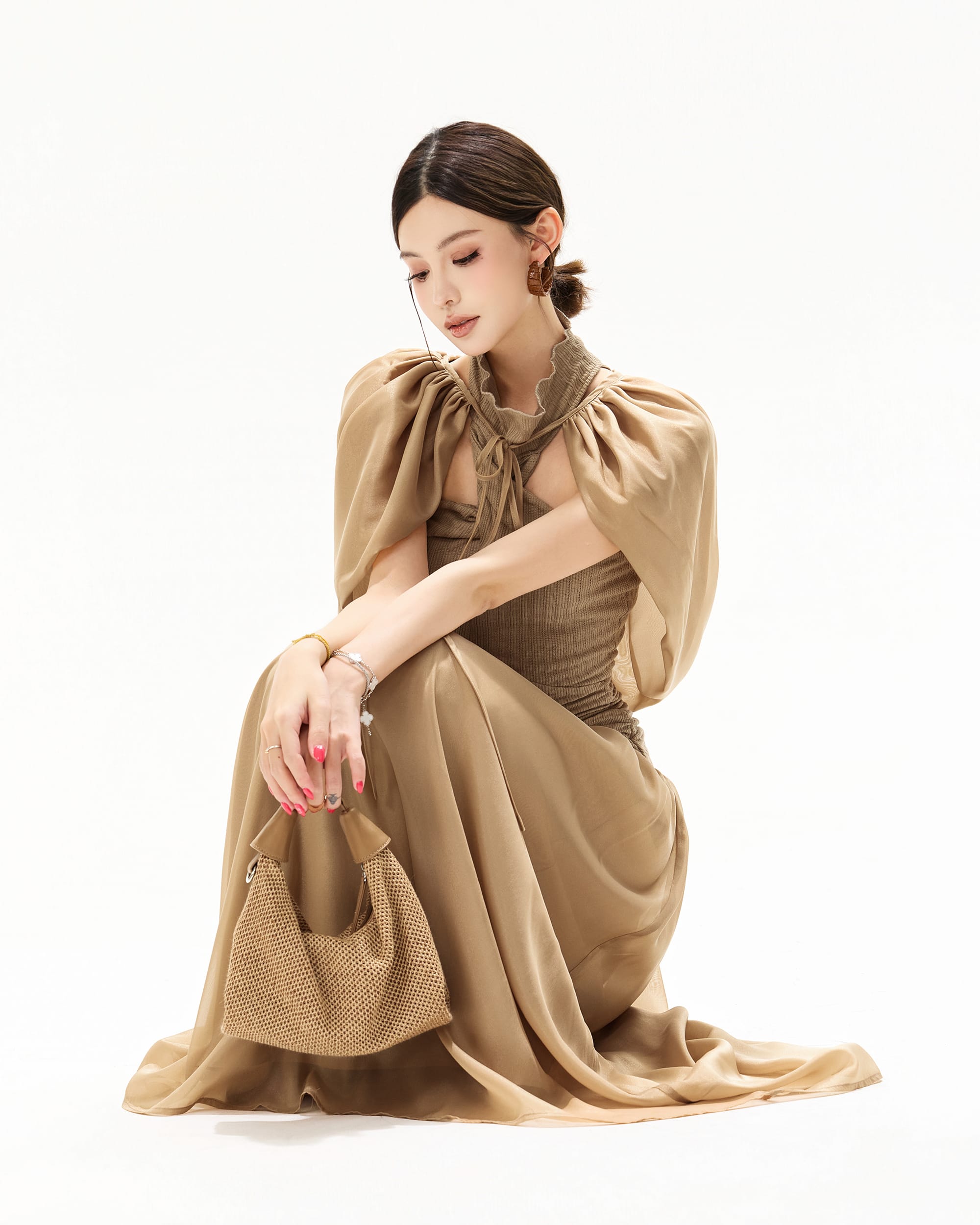 CYNR Chiffon Cape Halter Ruched Maxi Dress