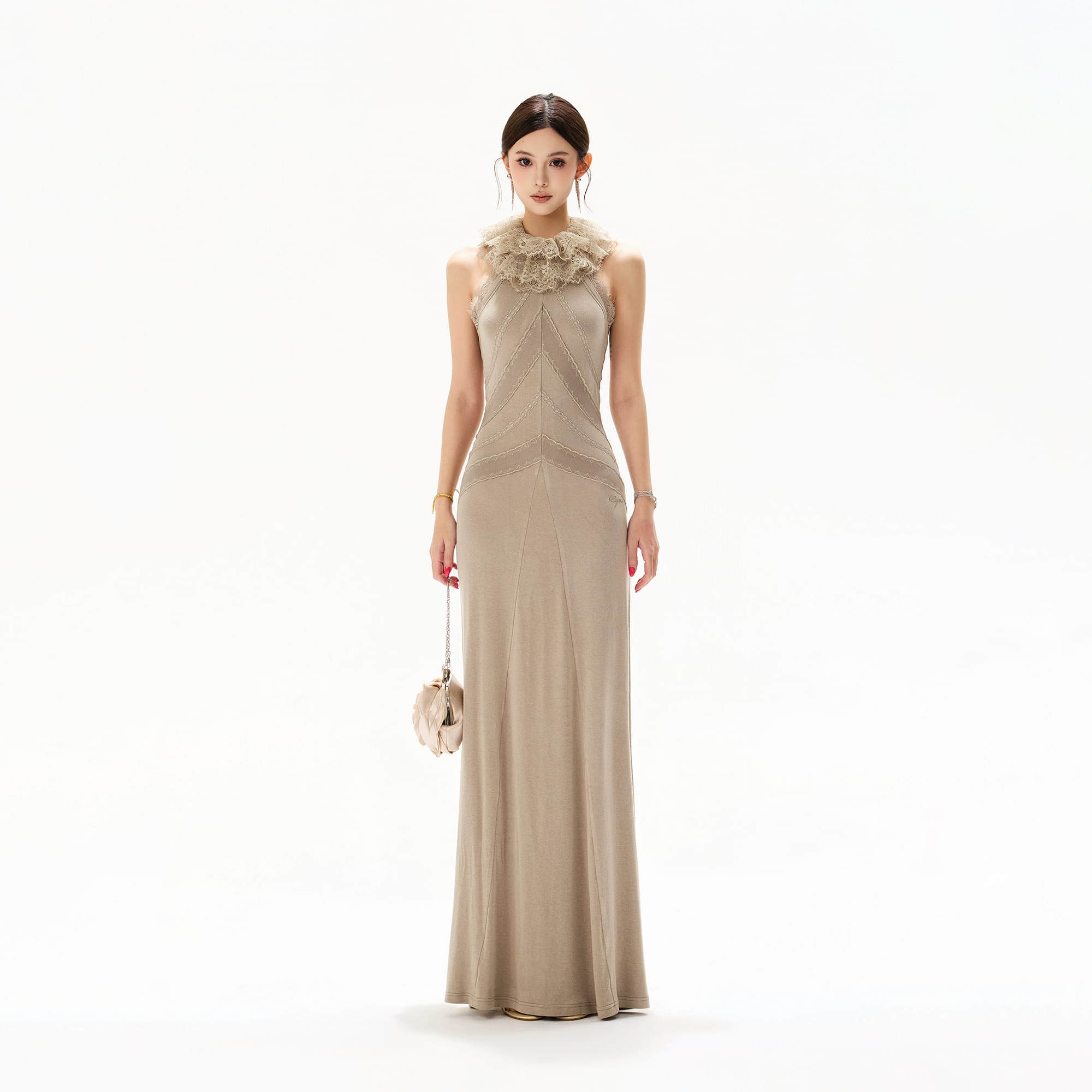 CYNR Lace-Trim Ruffle Halter Dress