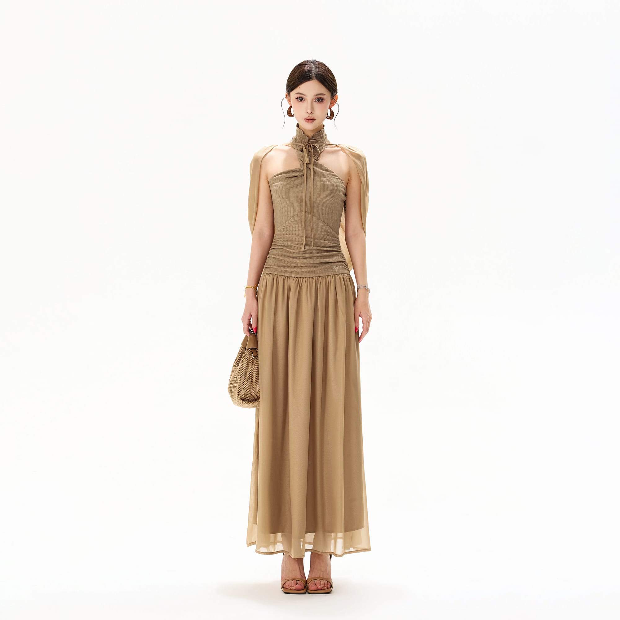 CYNR Chiffon Cape Halter Ruched Maxi Dress