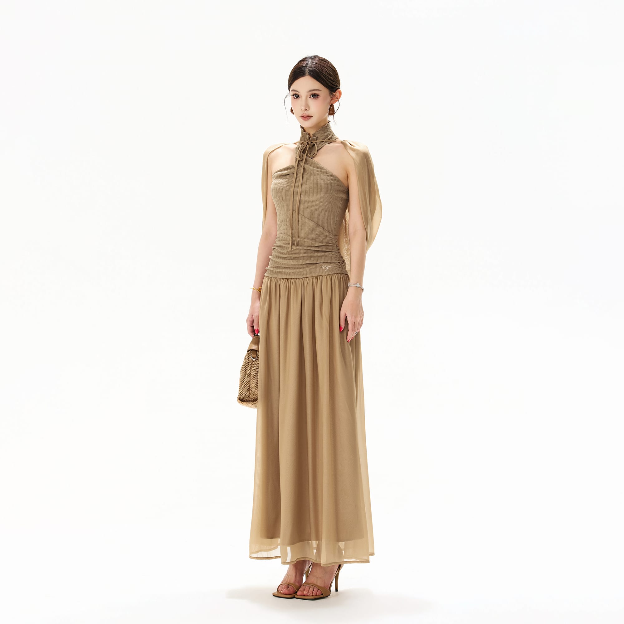 CYNR Chiffon Cape Halter Ruched Maxi Dress