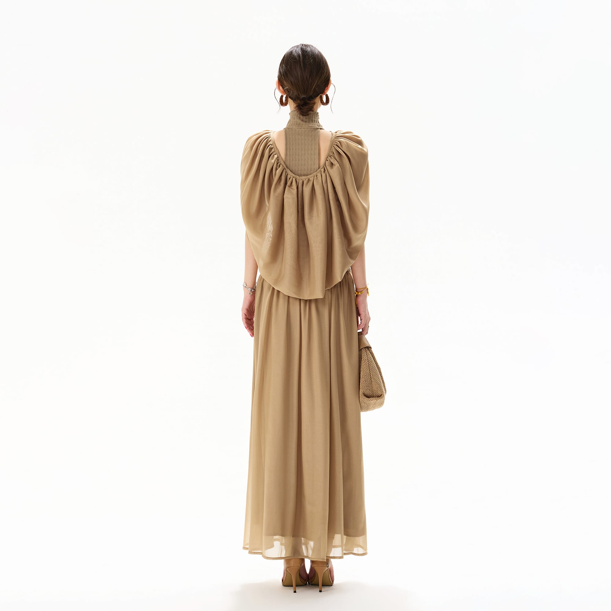 CYNR Chiffon Cape Halter Ruched Maxi Dress