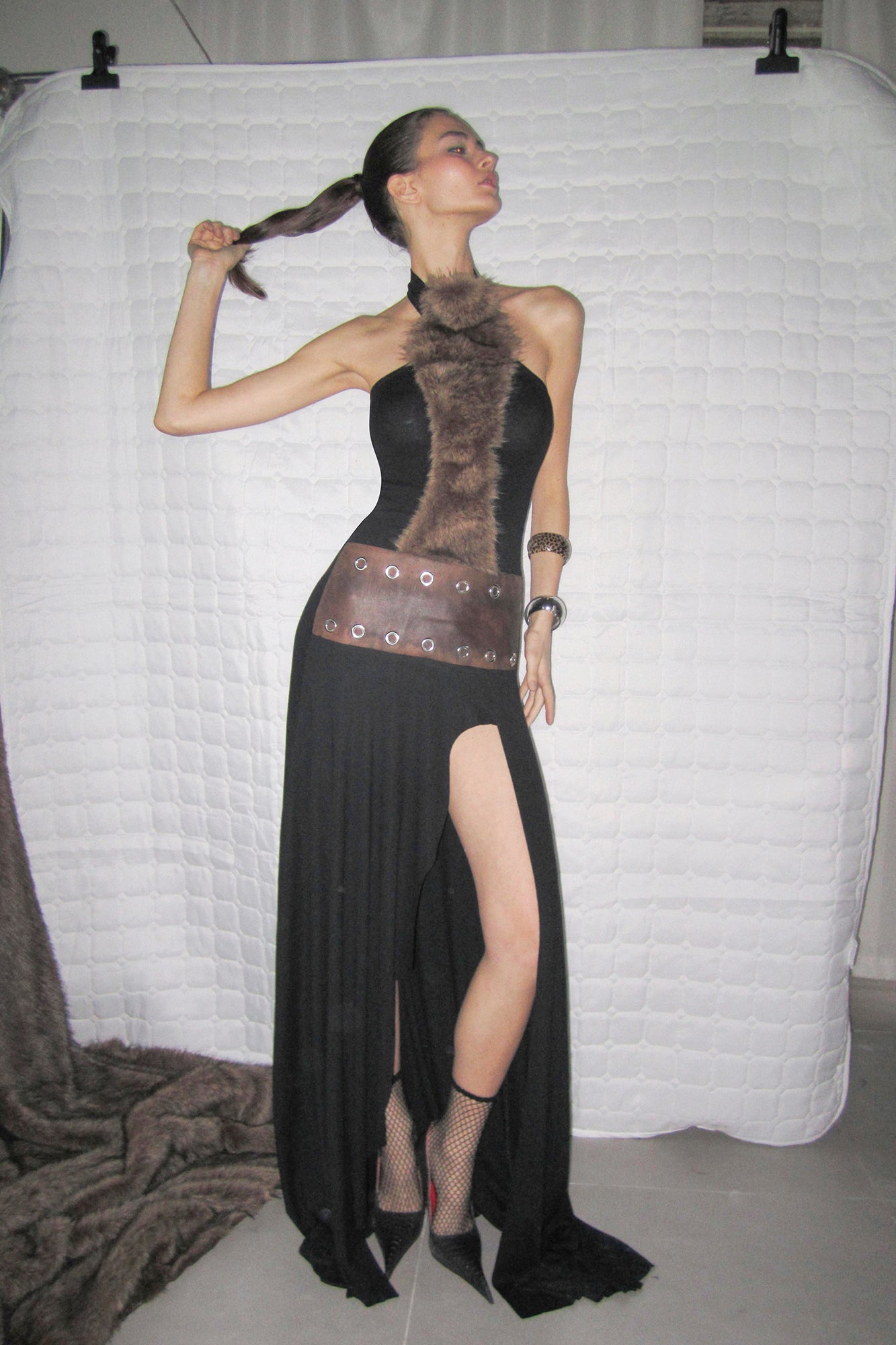 NEVER OFFEND L ANGEL Faux-Fur Panel Halter Gown