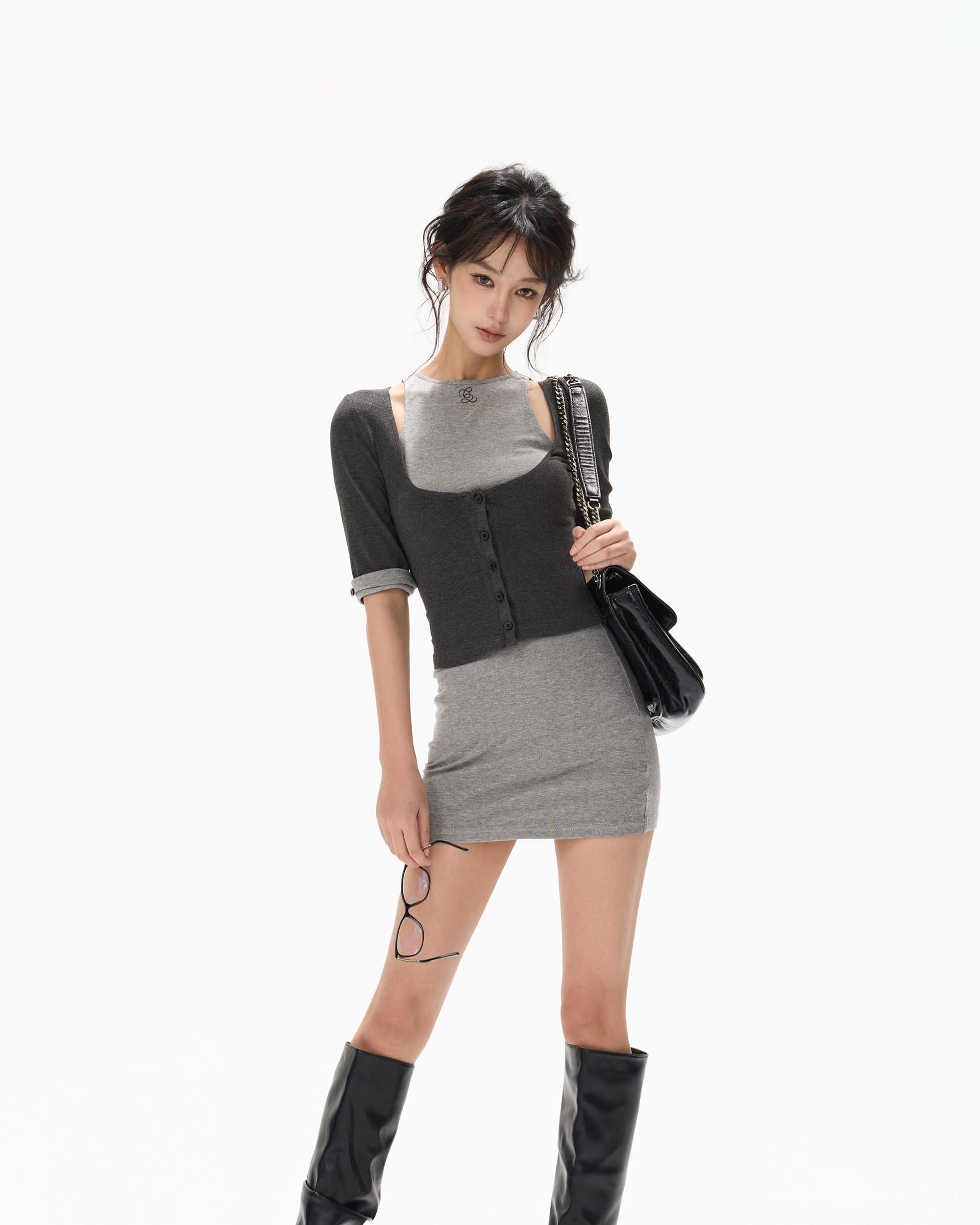 CYNR Contrast Panel Two-Piece Cutout Bodycon Mini Dress