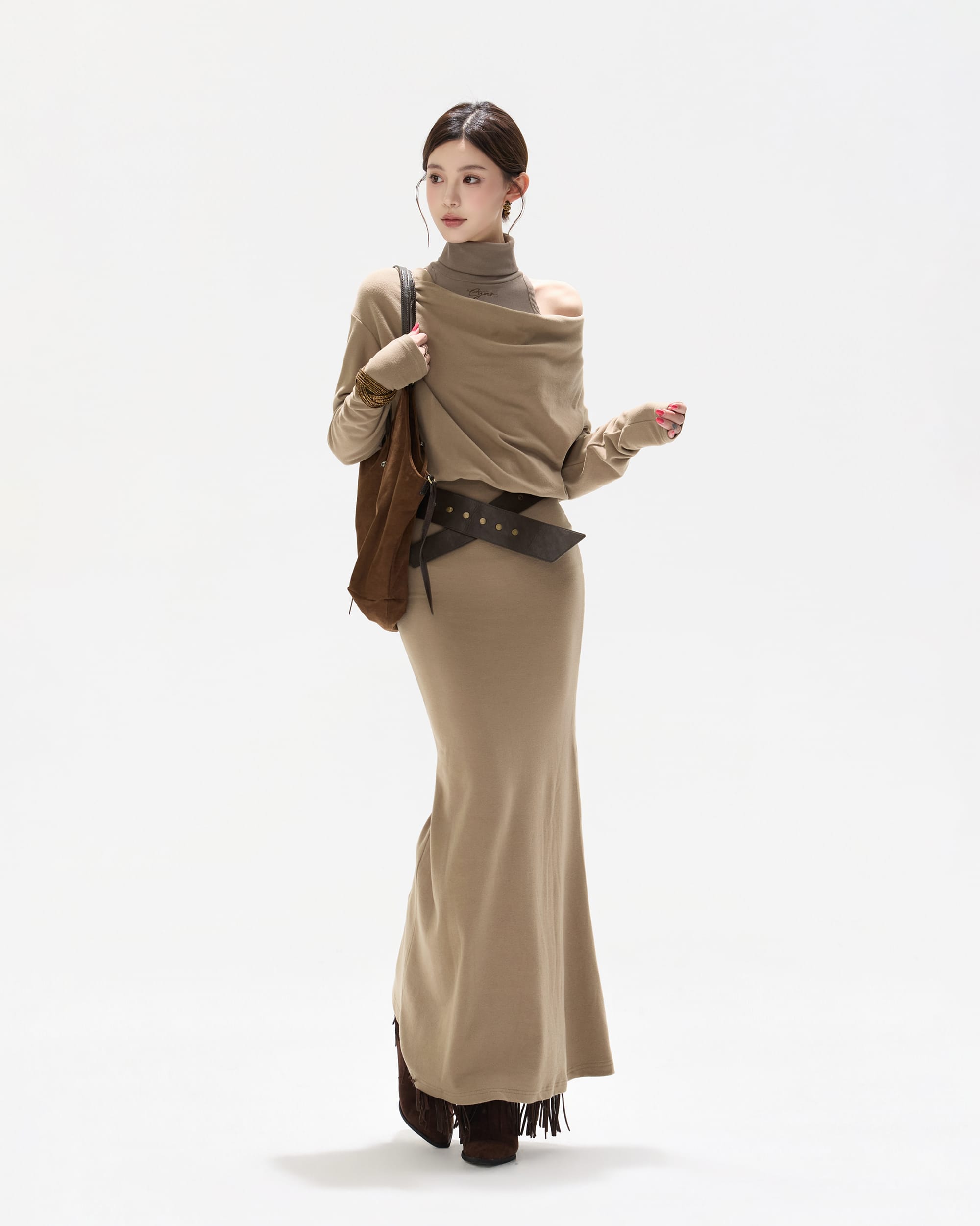 CYNR Off-Shoulder Cowl Layered Knit Mermaid Dress