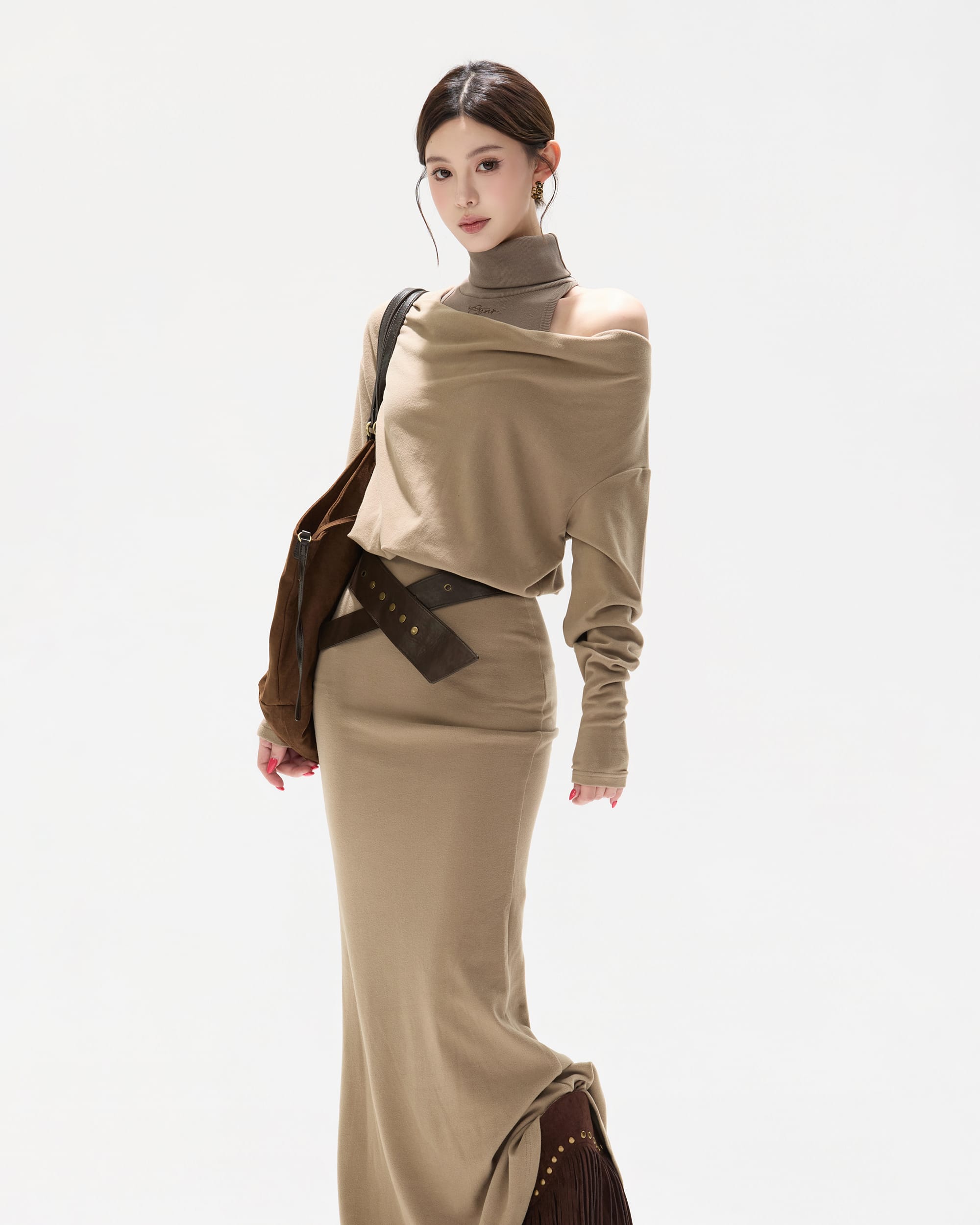 CYNR Off-Shoulder Cowl Layered Knit Mermaid Dress