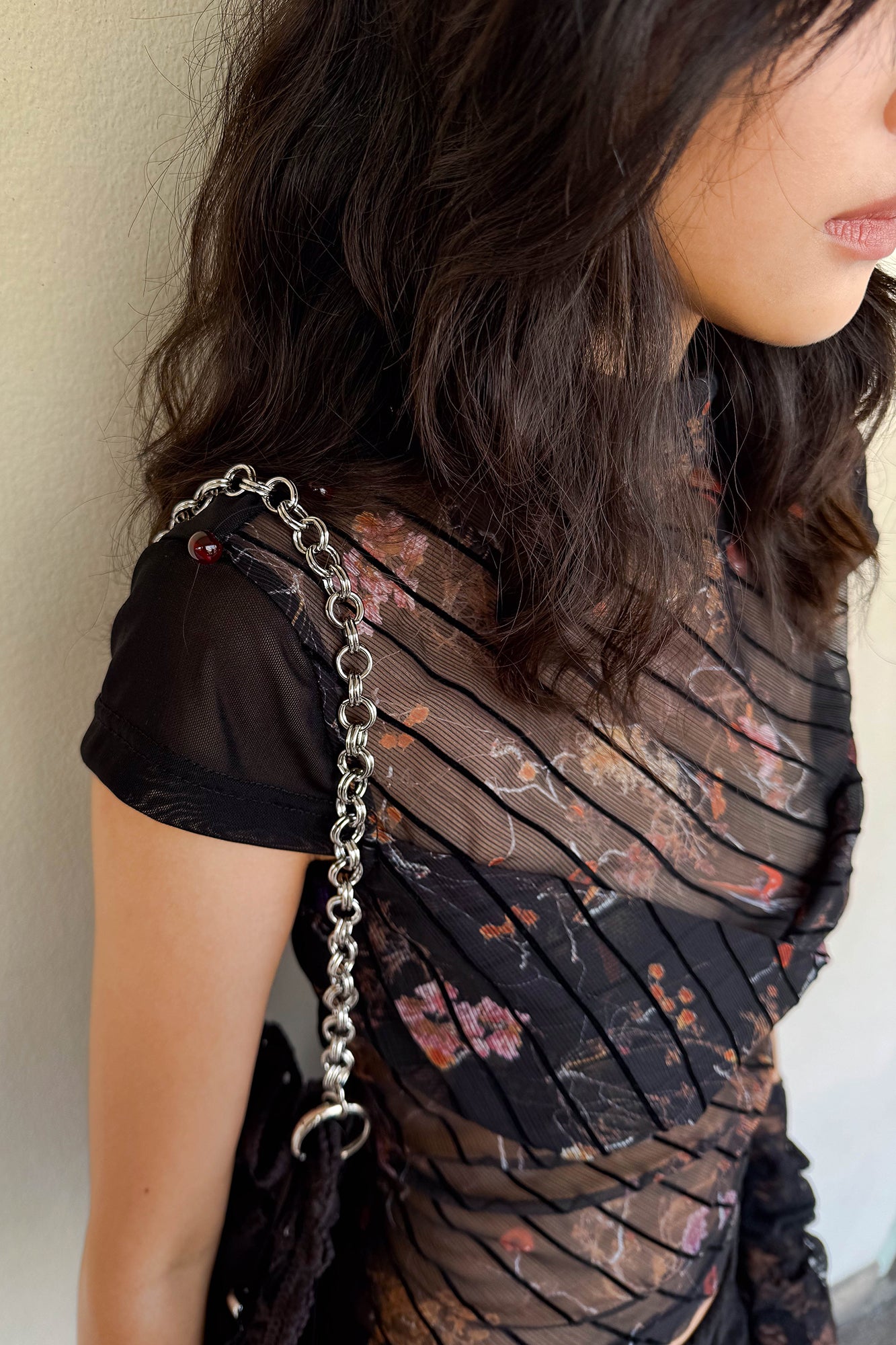JIUWU PARK Sheer Floral Mesh Layered Bust Top