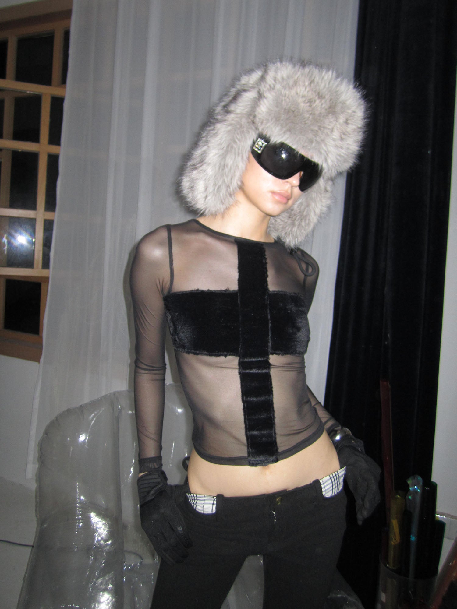 NEVER OFFEND L ANGEL Cross-Panel Faux-Fur Mesh Bodycon Top