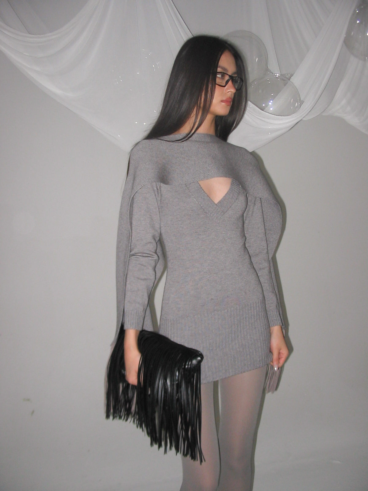 NEVER OFFEND L ANGEL Deep-V Knit Dress with Fringe Cape