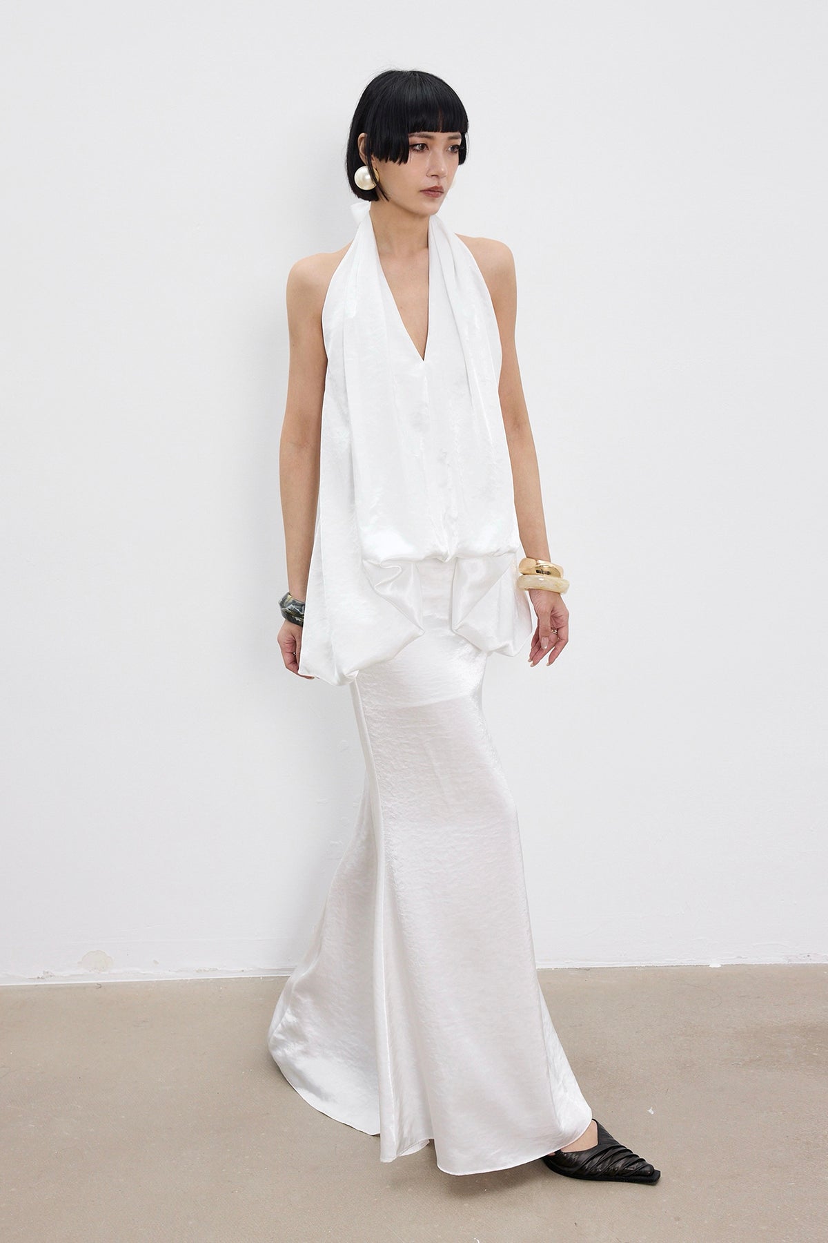TINY IN STUDIO Draped Satin Halter Top & Flared Maxi Skirt Set