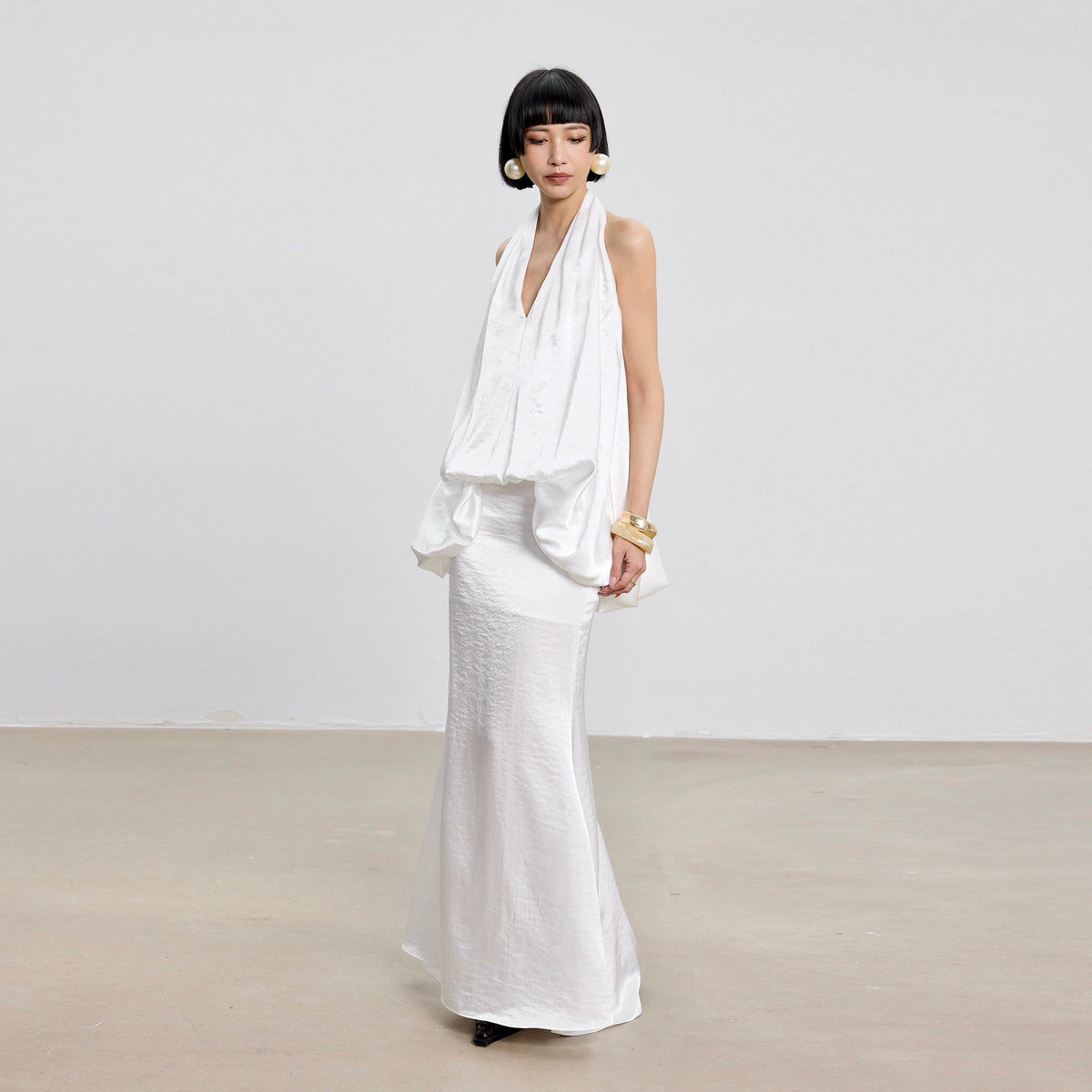TINY IN STUDIO Draped Satin Halter Top & Flared Maxi Skirt Set