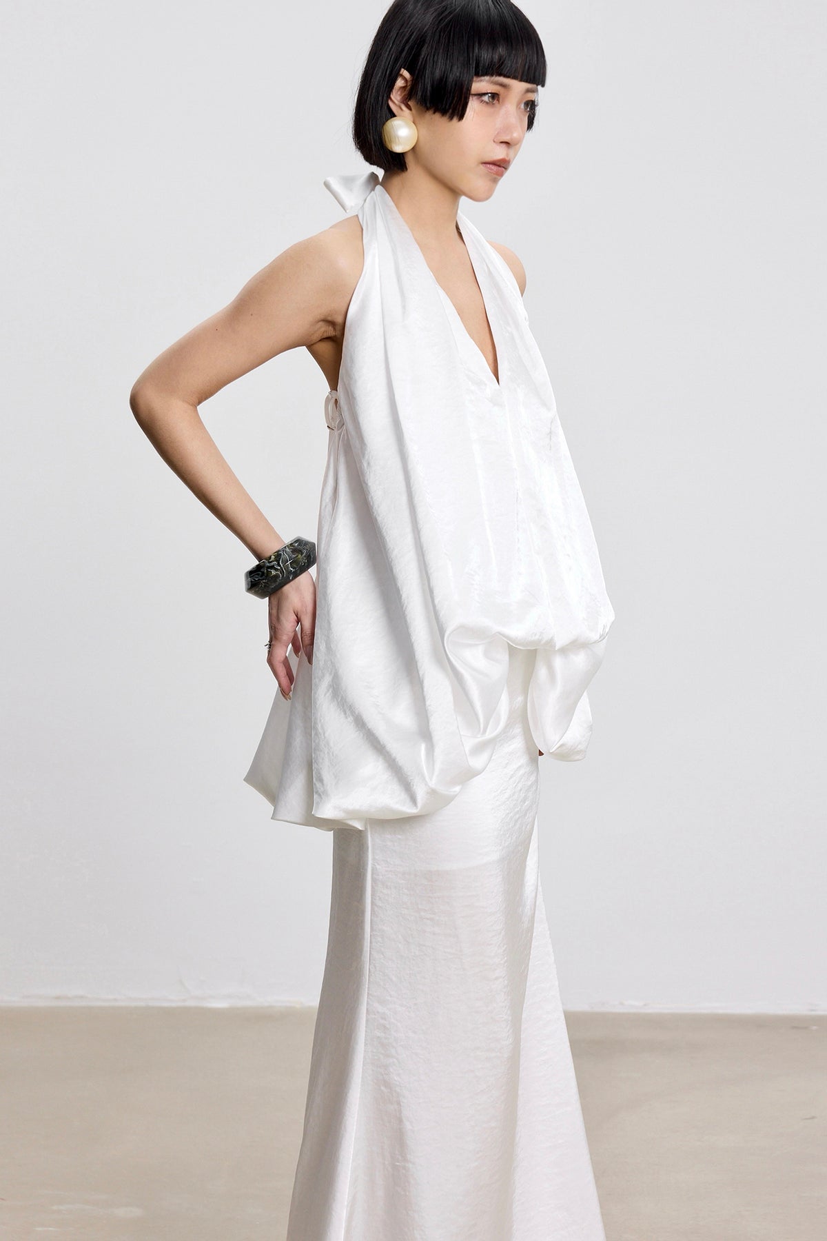 TINY IN STUDIO Draped Satin Halter Top & Flared Maxi Skirt Set