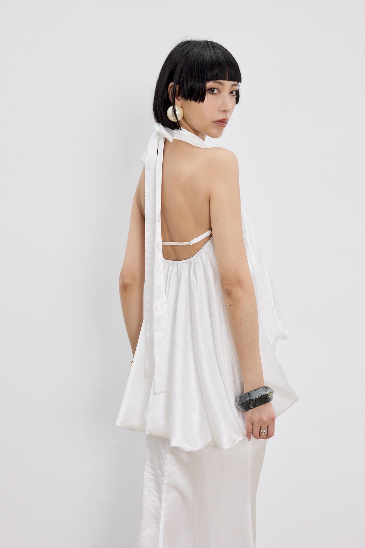 TINY IN STUDIO Draped Satin Halter Top & Flared Maxi Skirt Set