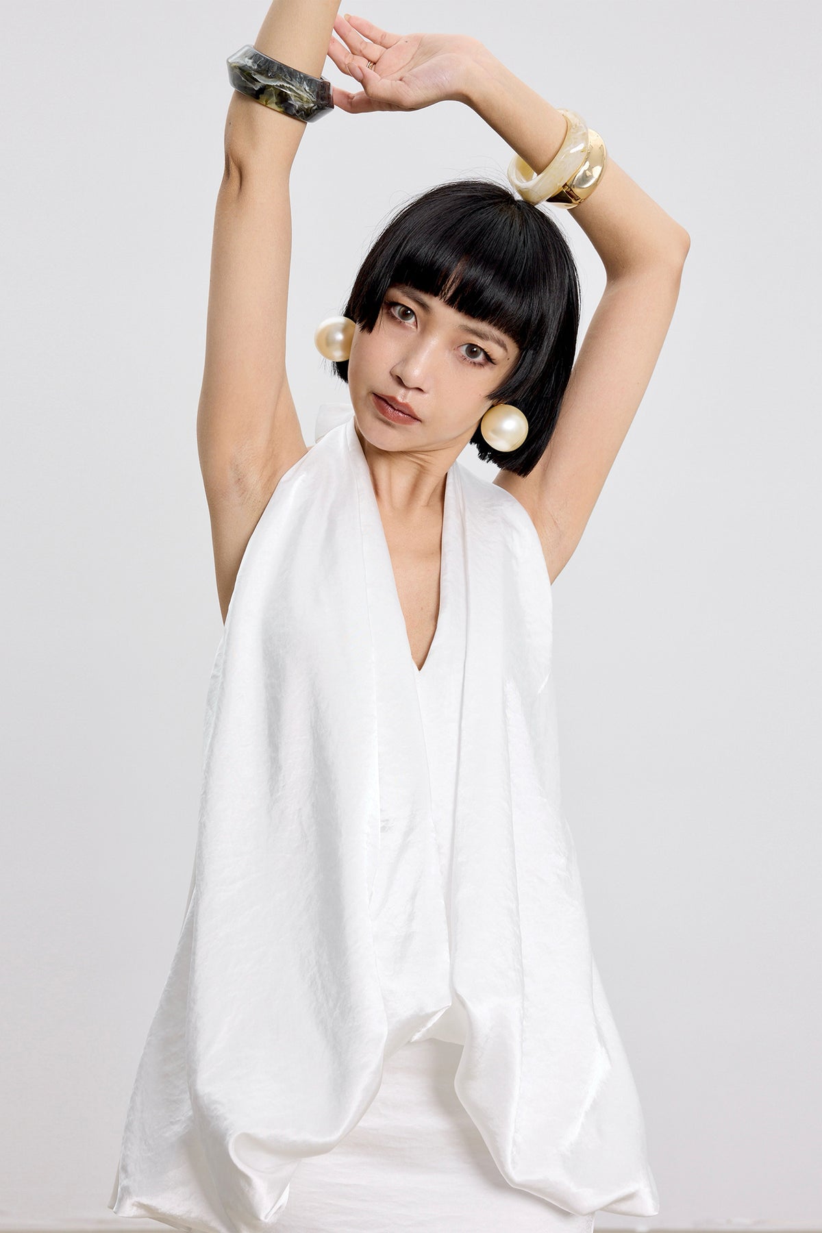 TINY IN STUDIO Draped Satin Halter Top & Flared Maxi Skirt Set