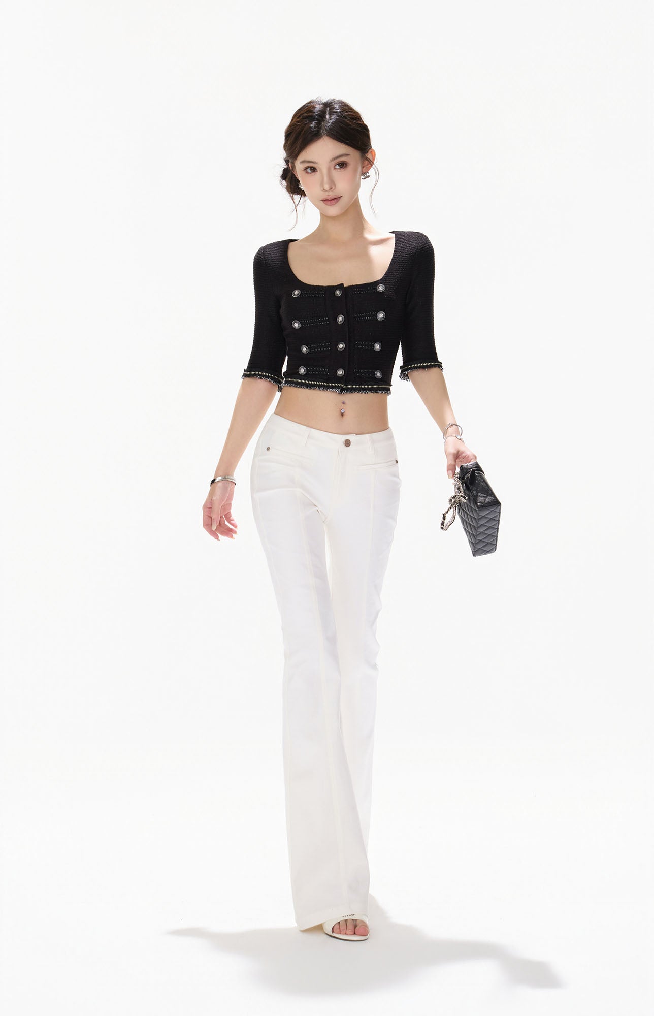 CYNR Frayed Trim Military Button Cropped Top