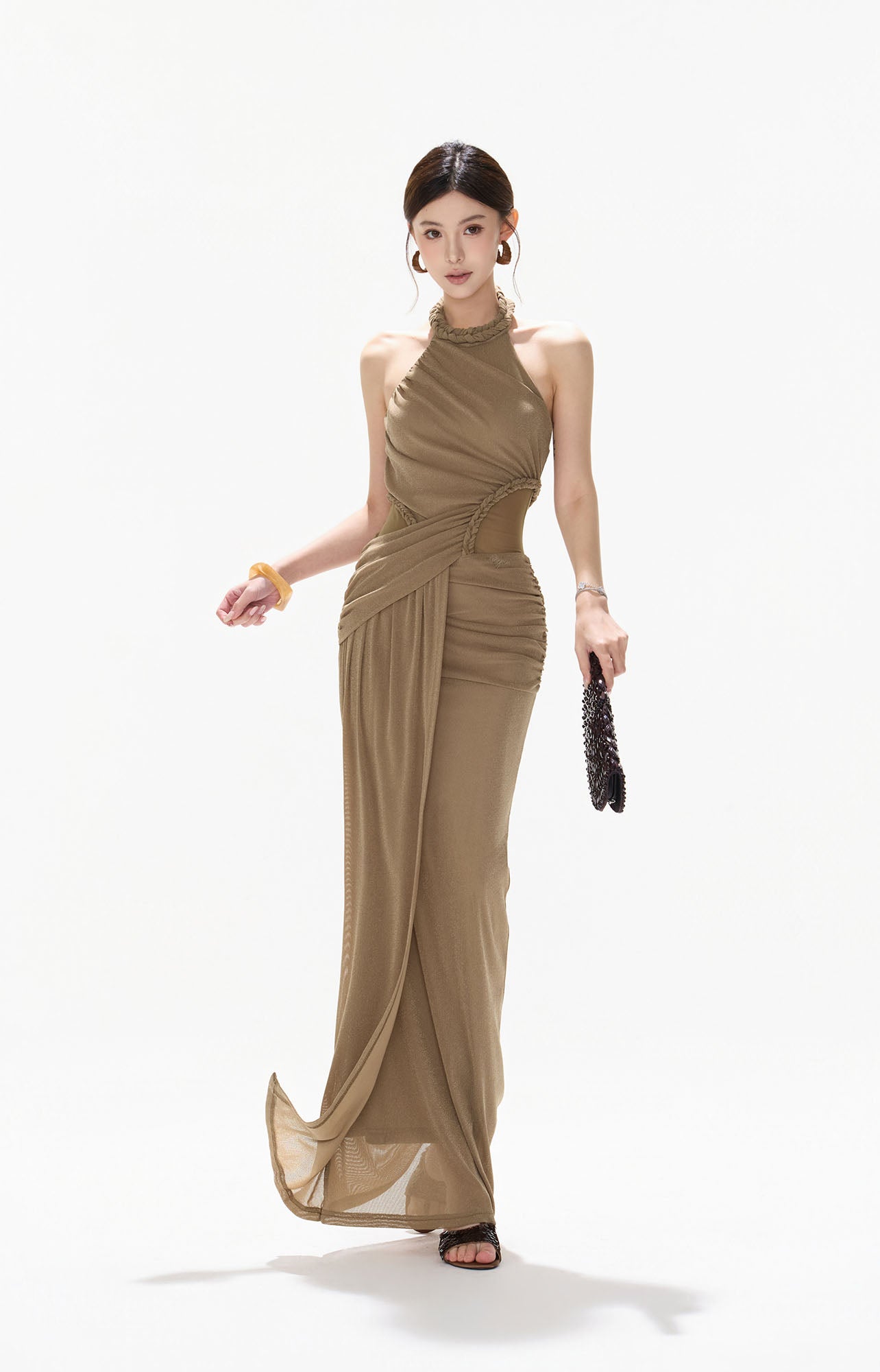 CYNR Ruched Halter Drape Maxi Dress