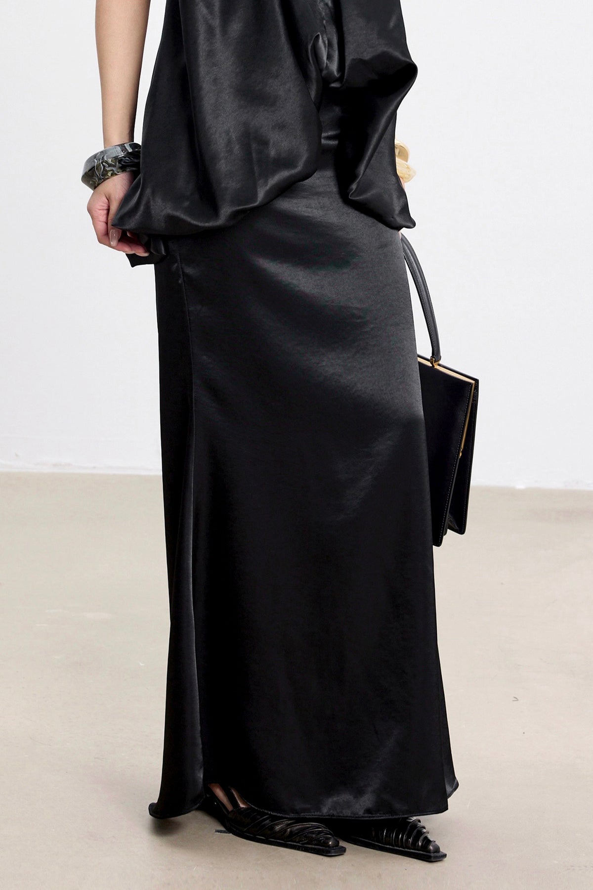 TINY IN STUDIO Draped Satin Halter Top & Flared Maxi Skirt Set
