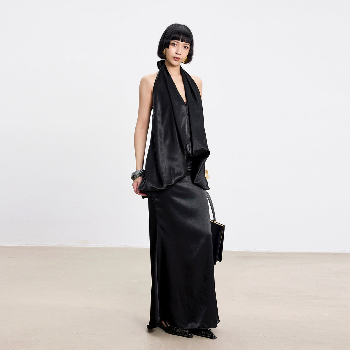 TINY IN STUDIO Draped Satin Halter Top & Flared Maxi Skirt Set