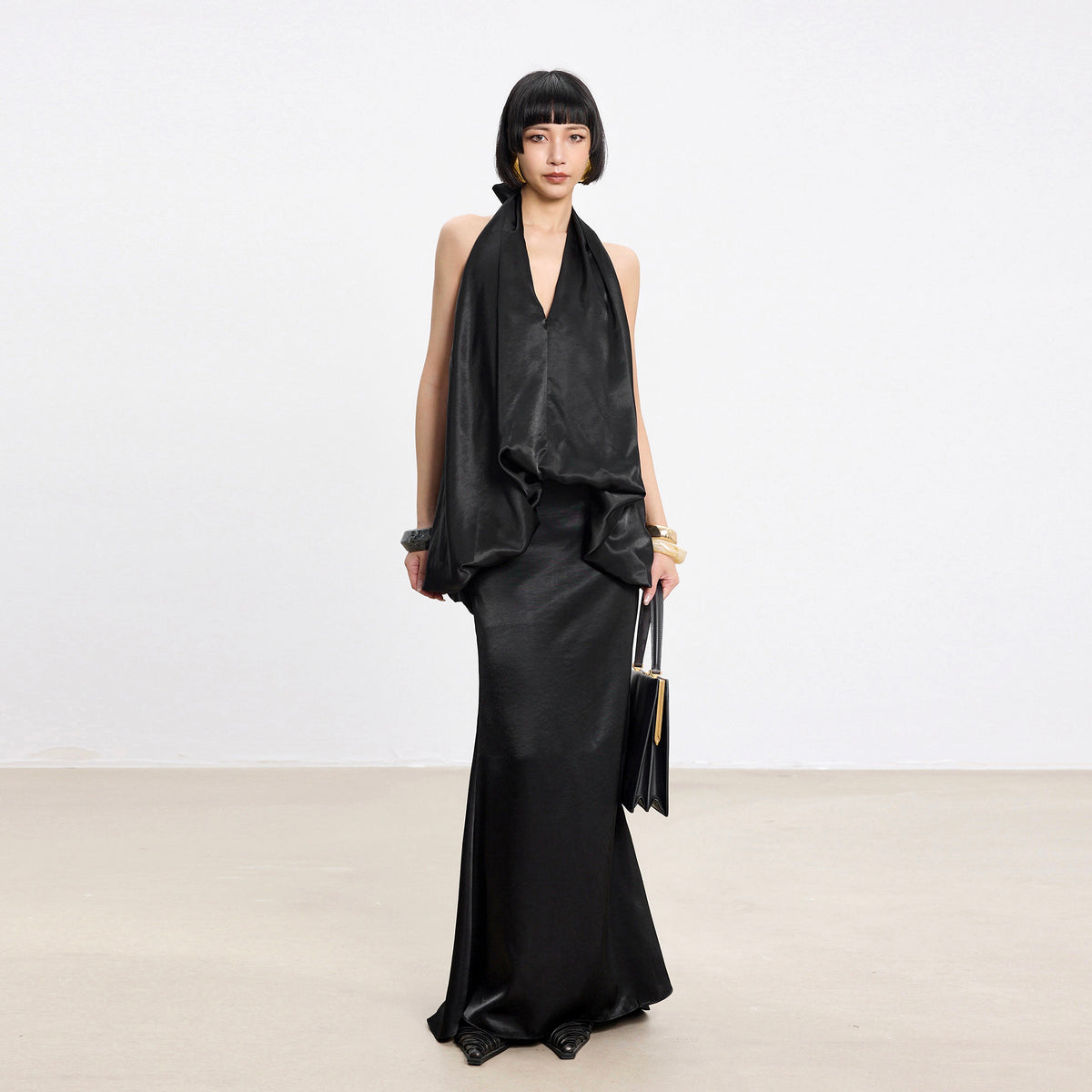 TINY IN STUDIO Draped Satin Halter Top & Flared Maxi Skirt Set