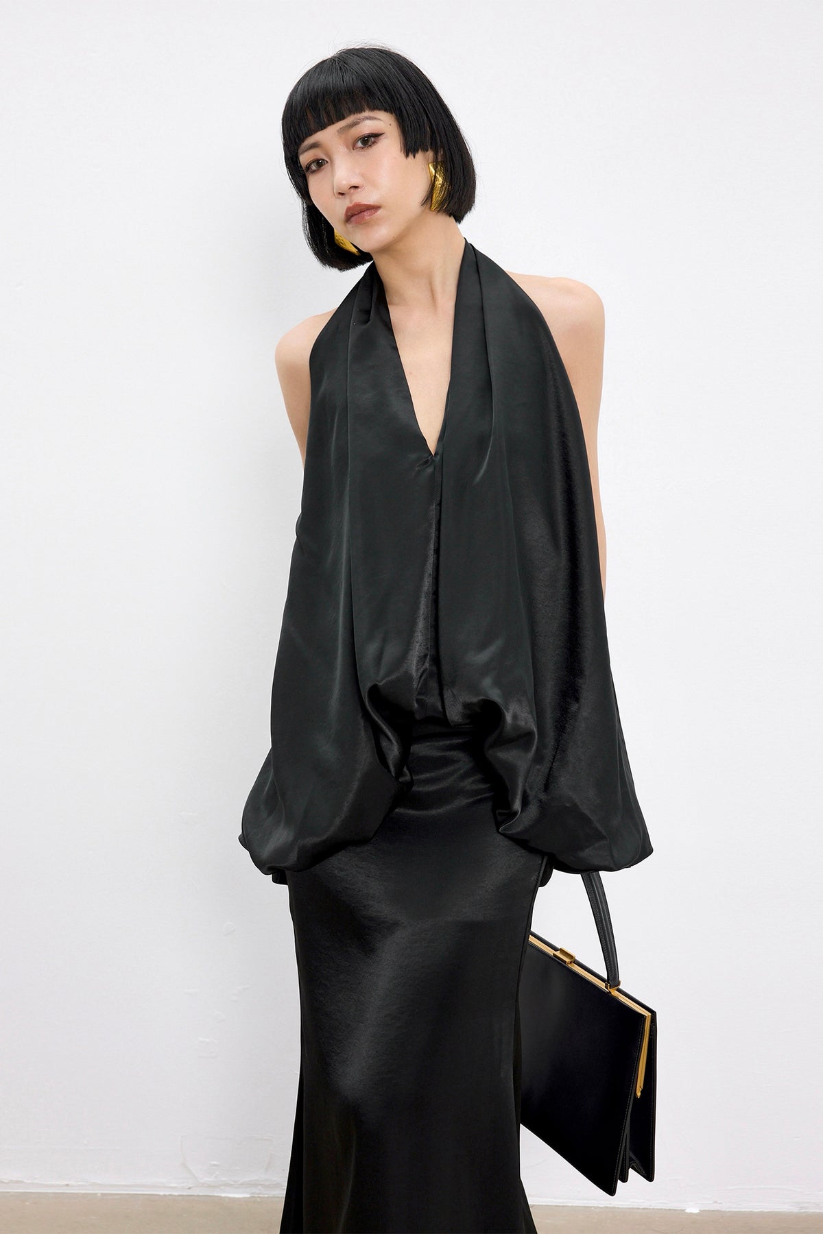 TINY IN STUDIO Draped Satin Halter Top & Flared Maxi Skirt Set