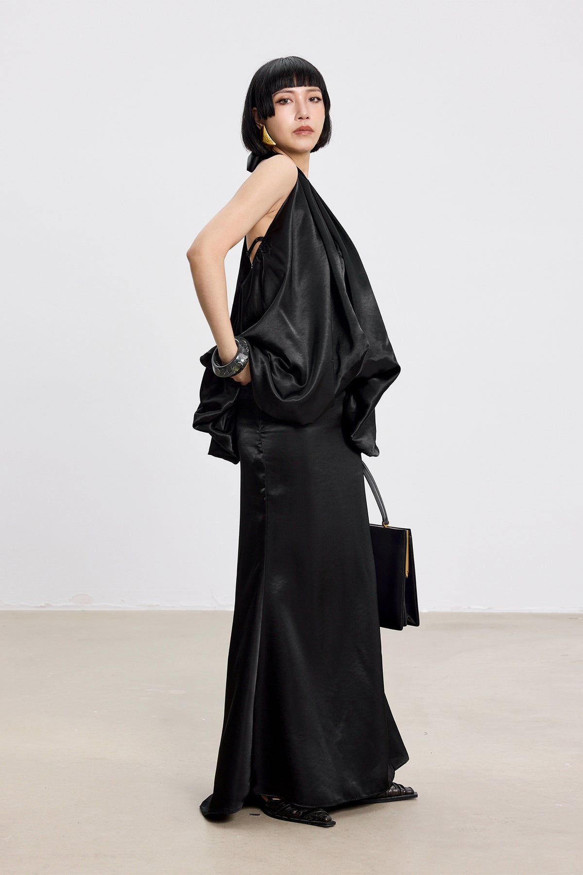 TINY IN STUDIO Draped Satin Halter Top & Flared Maxi Skirt Set