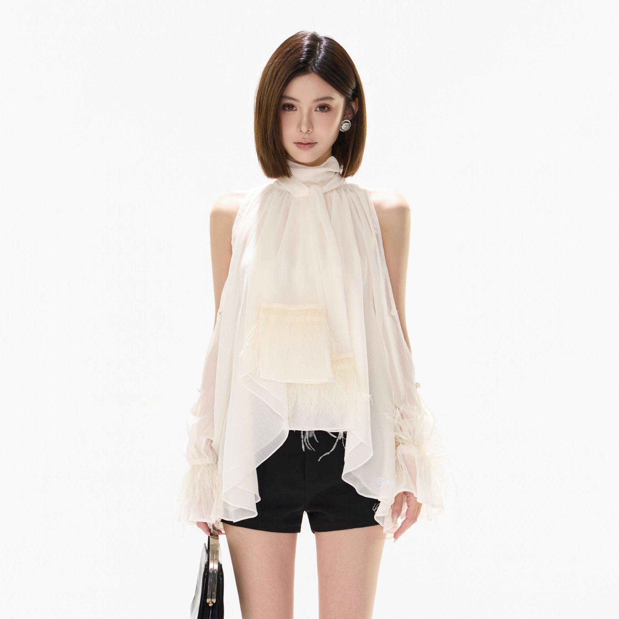 CYNR Faux Feather Trim Halter Chiffon Top