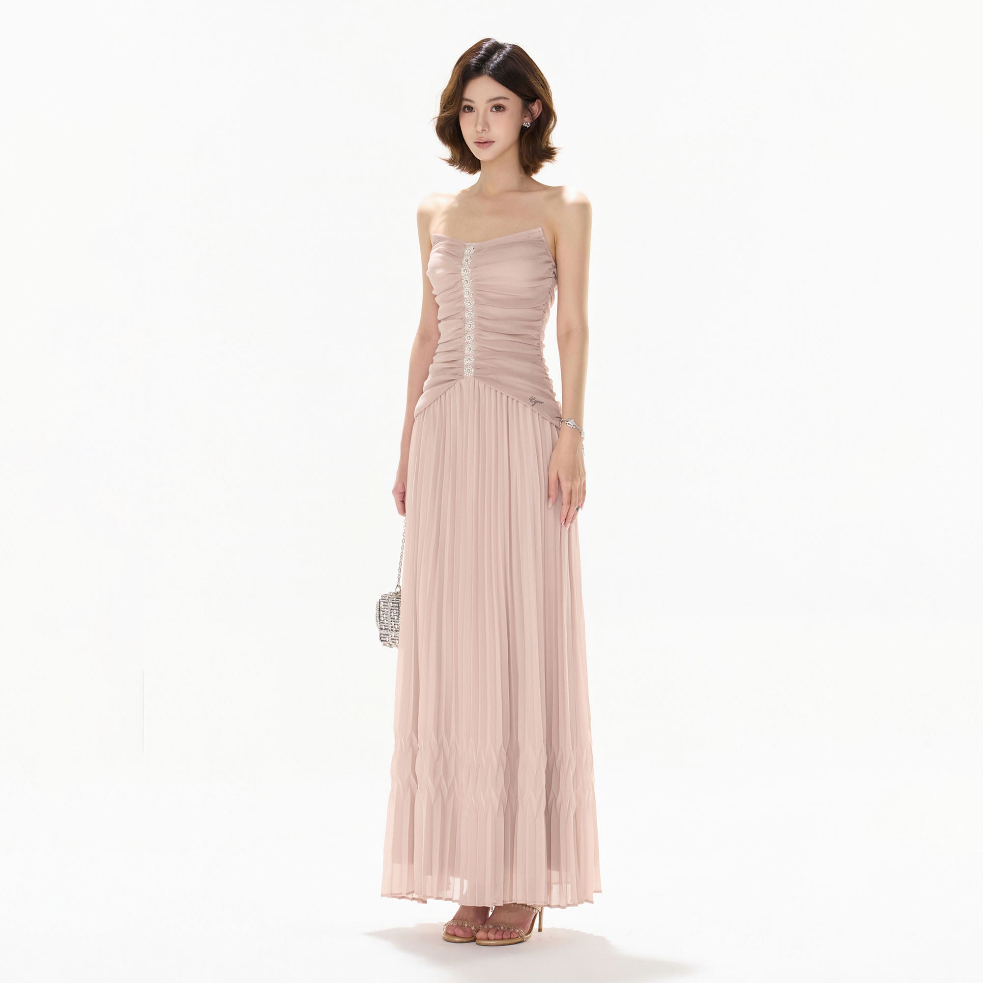 CYNR Ruched Strapless Pleated Maxi Dress