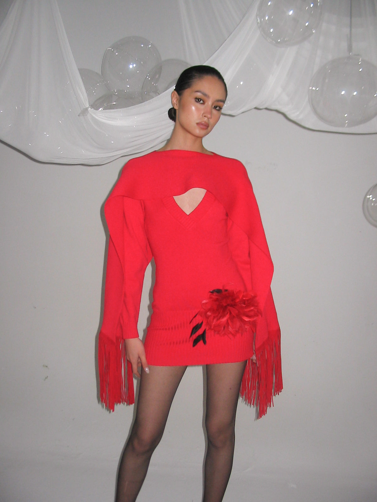 NEVER OFFEND L ANGEL Deep-V Knit Dress with Fringe Cape