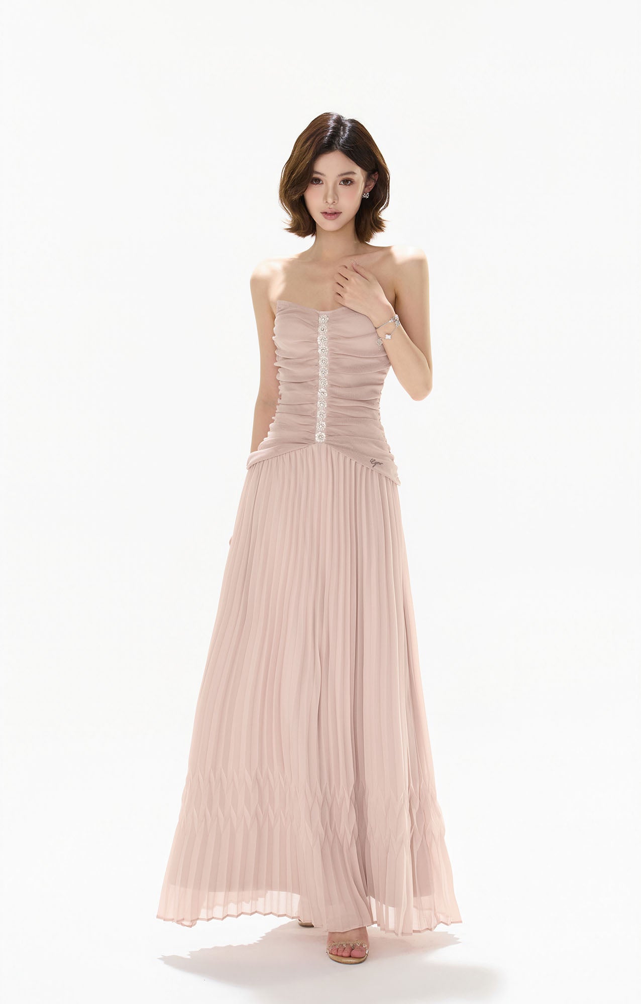 CYNR Ruched Strapless Pleated Maxi Dress