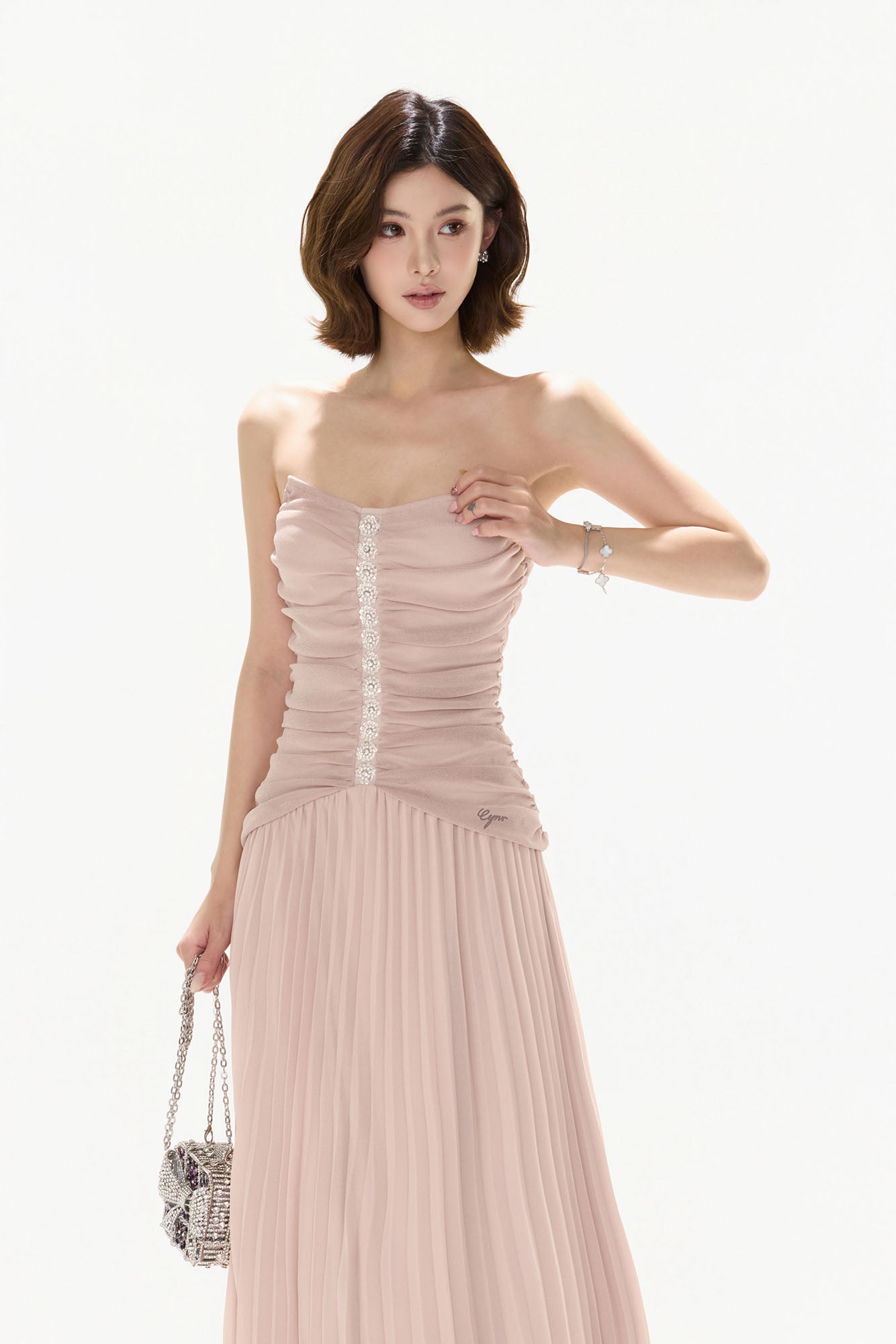 CYNR Ruched Strapless Pleated Maxi Dress