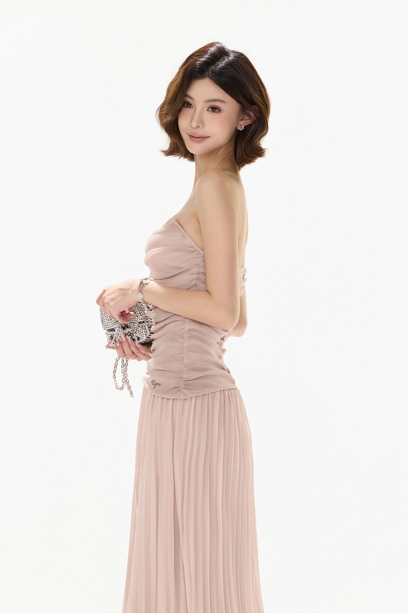 CYNR Ruched Strapless Pleated Maxi Dress