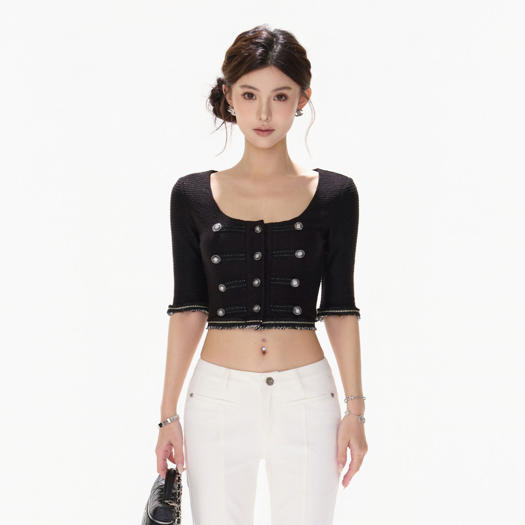 CYNR Frayed Trim Military Button Cropped Top