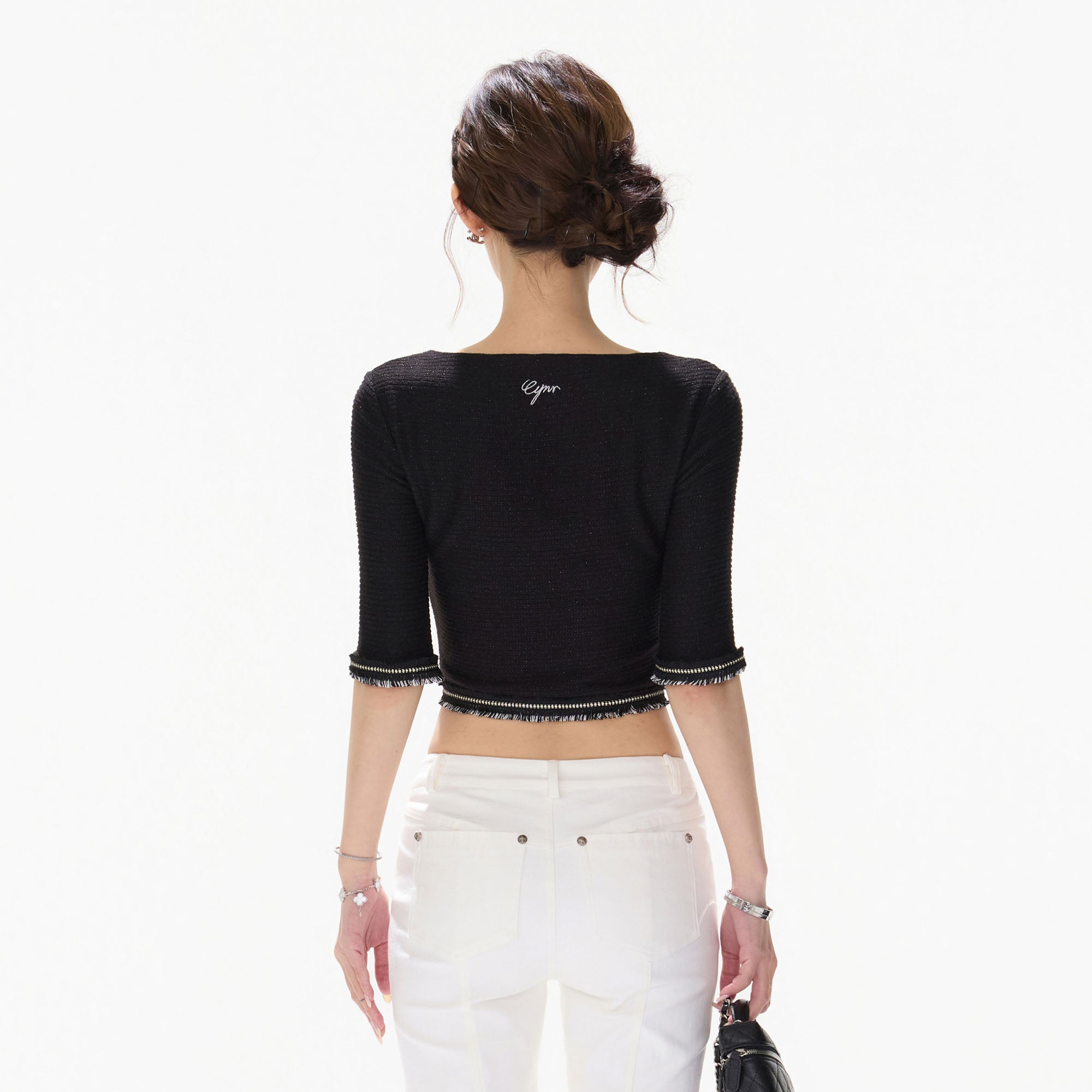 CYNR Frayed Trim Military Button Cropped Top