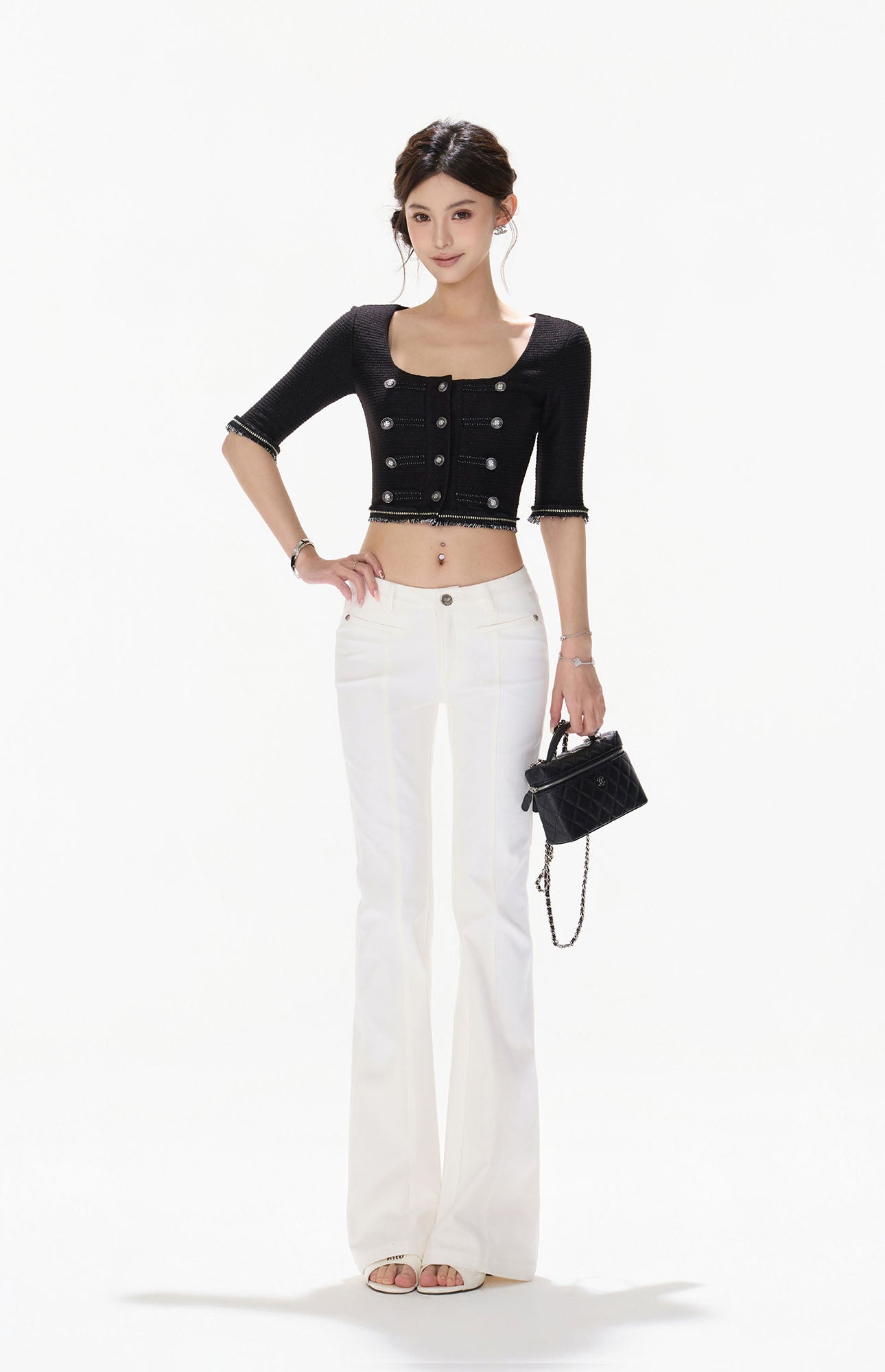 CYNR Frayed Trim Military Button Cropped Top