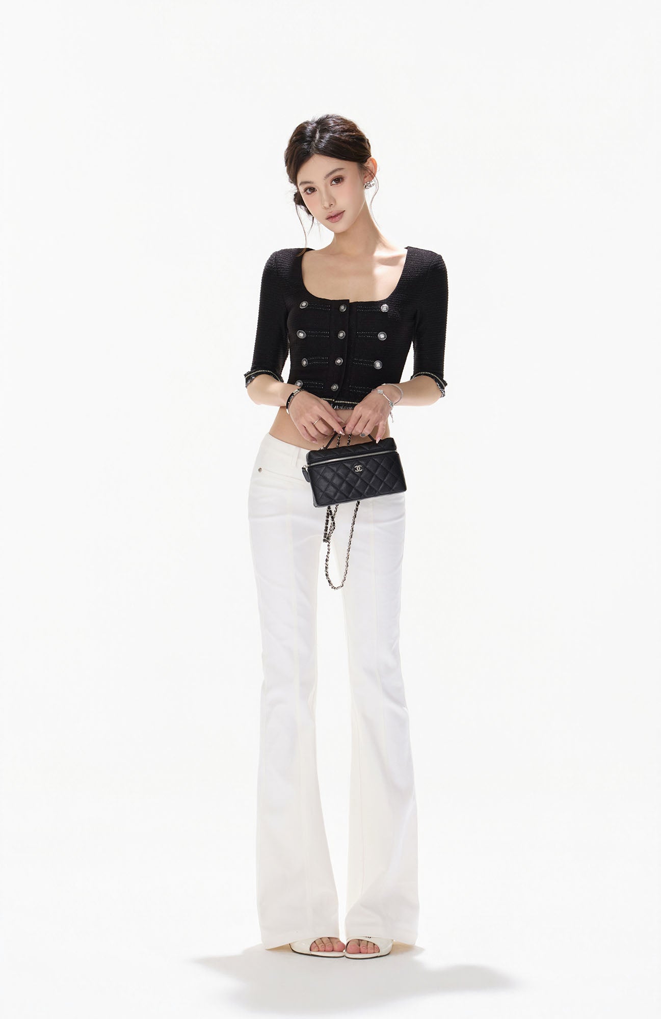 CYNR Frayed Trim Military Button Cropped Top