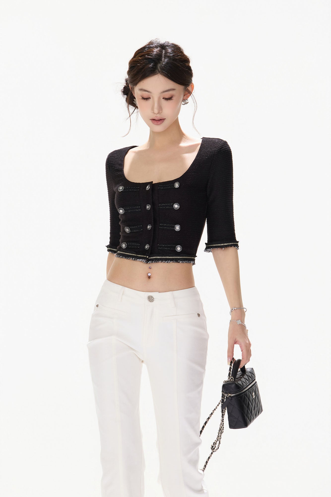CYNR Frayed Trim Military Button Cropped Top
