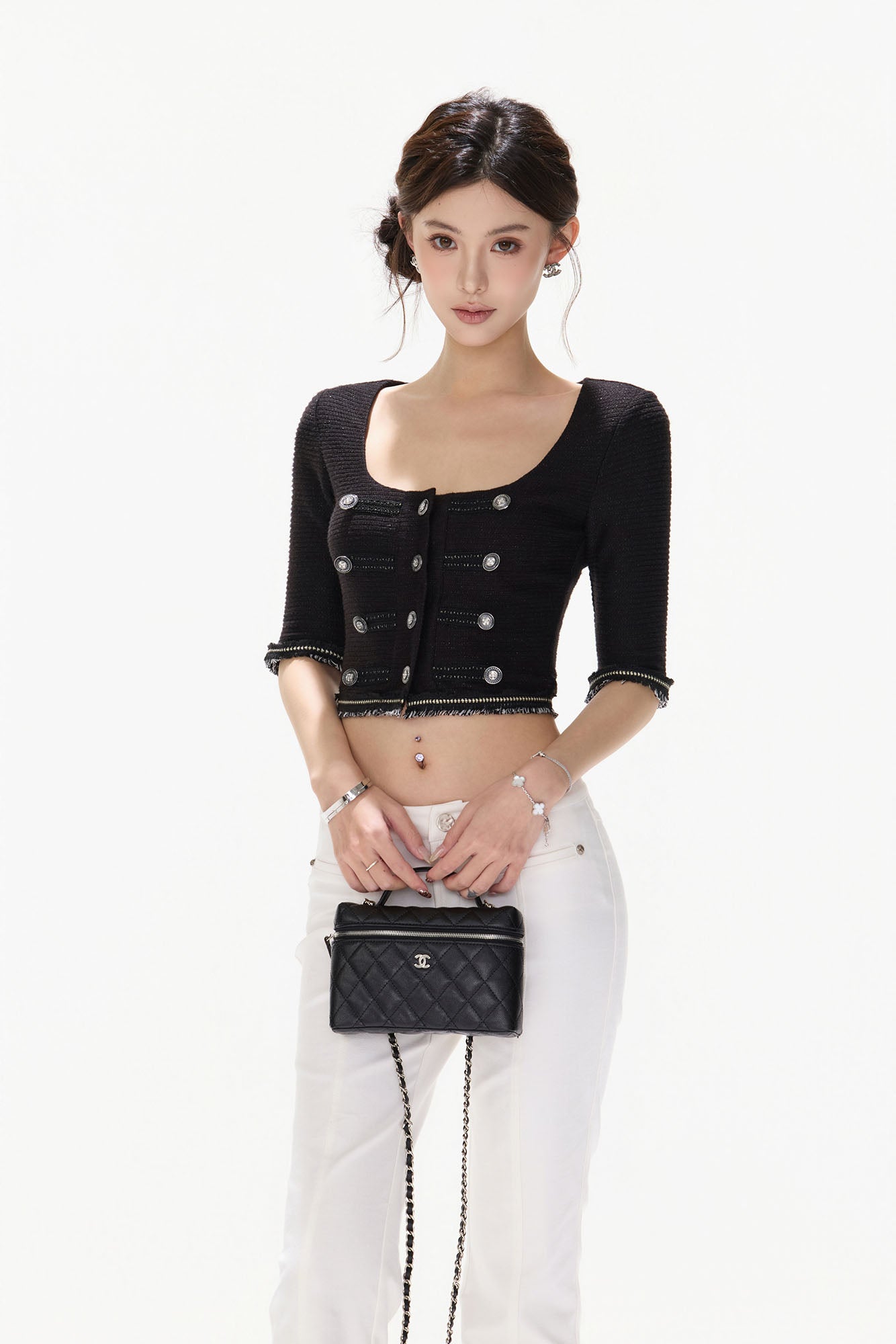 CYNR Frayed Trim Military Button Cropped Top