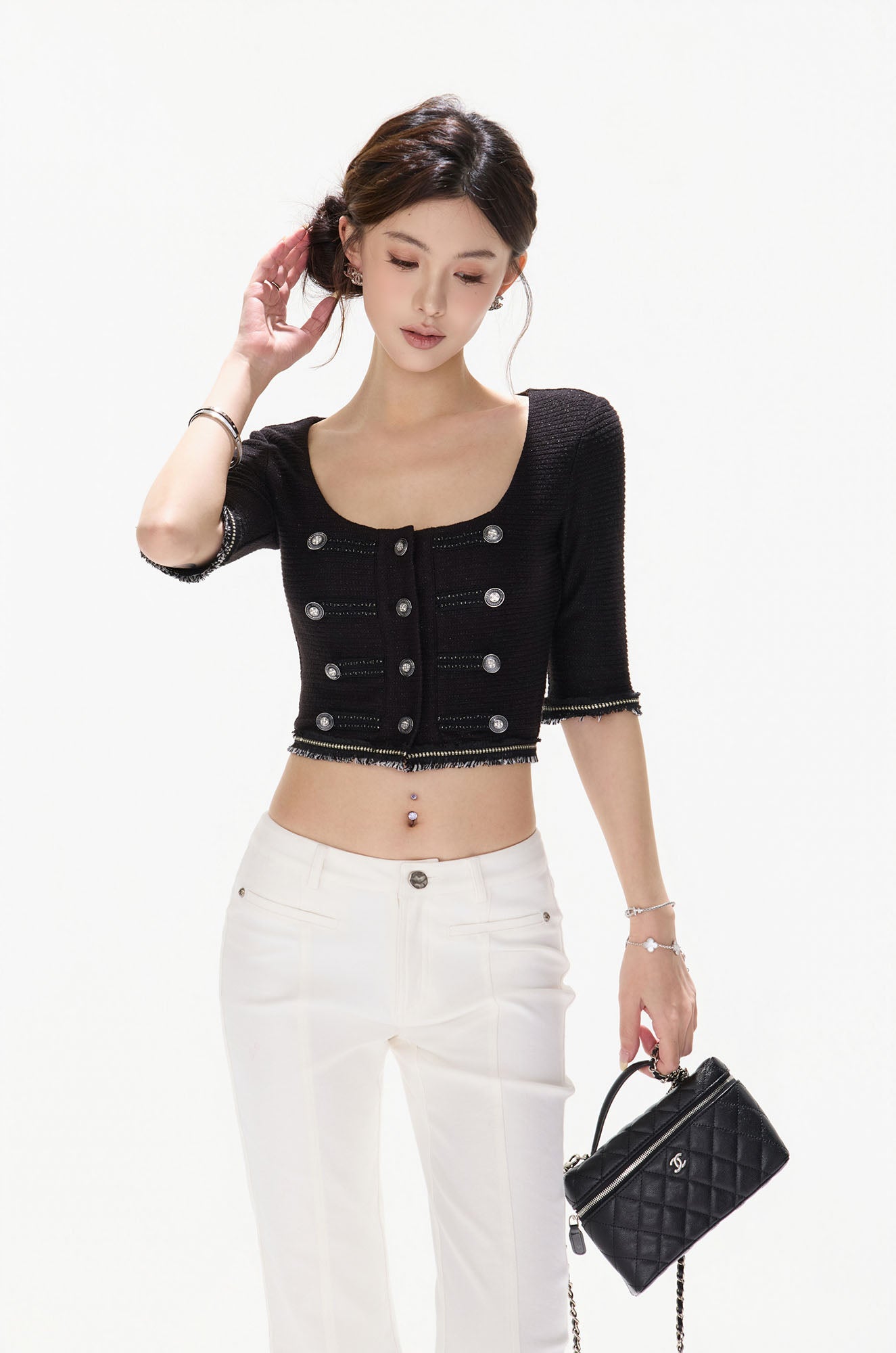 CYNR Frayed Trim Military Button Cropped Top