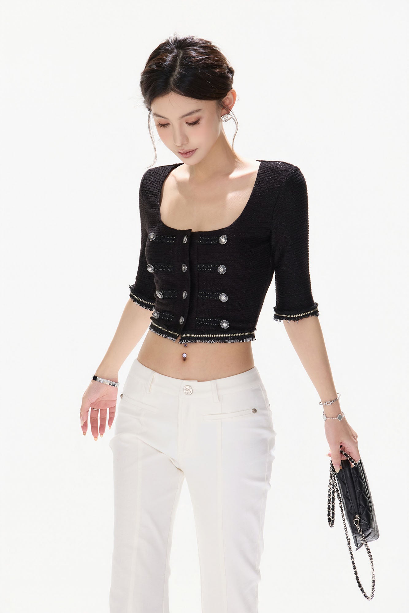 CYNR Frayed Trim Military Button Cropped Top