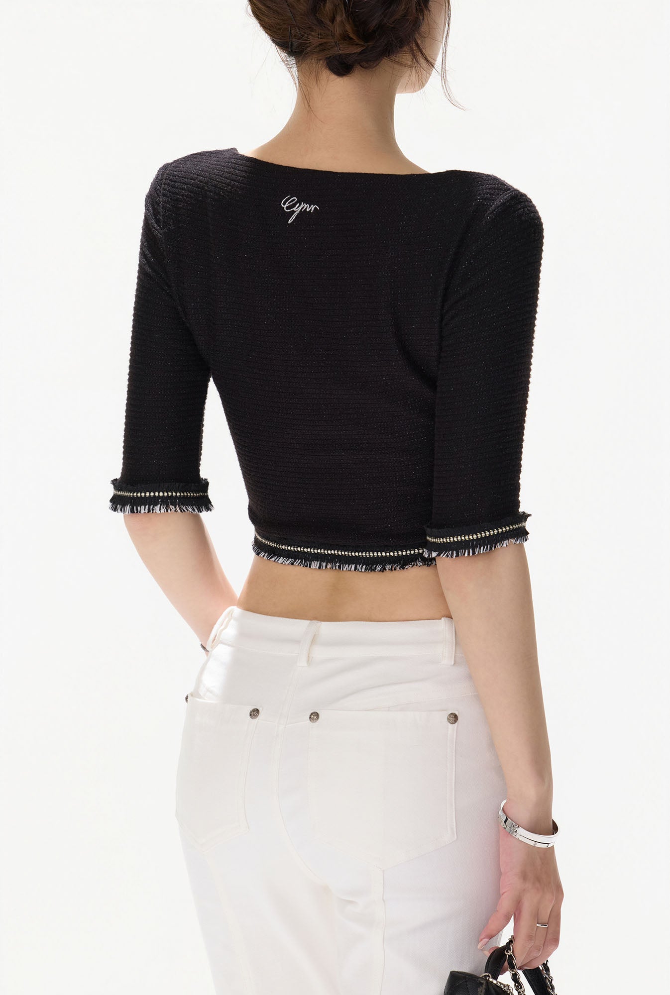 CYNR Frayed Trim Military Button Cropped Top