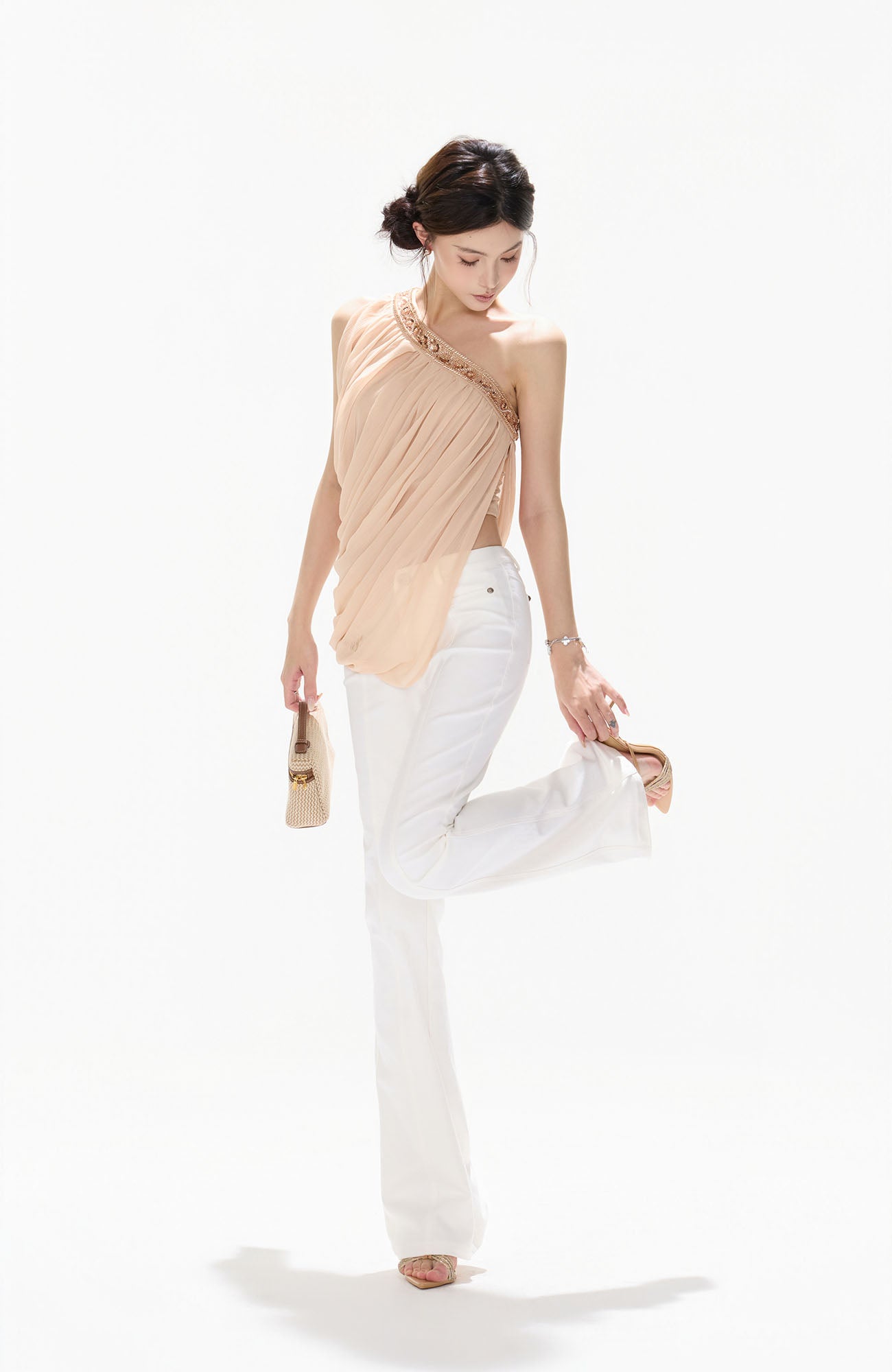 CYNR Beaded One-Shoulder Ruched Top