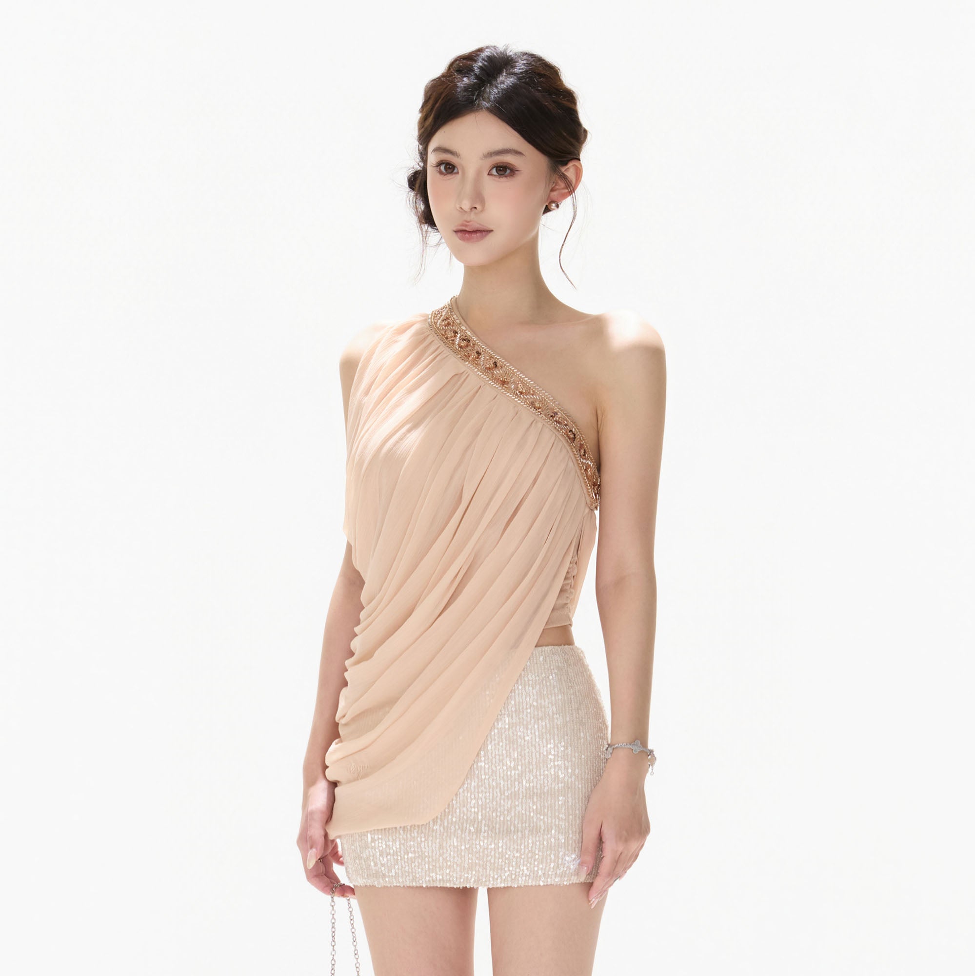 CYNR Beaded One-Shoulder Ruched Top
