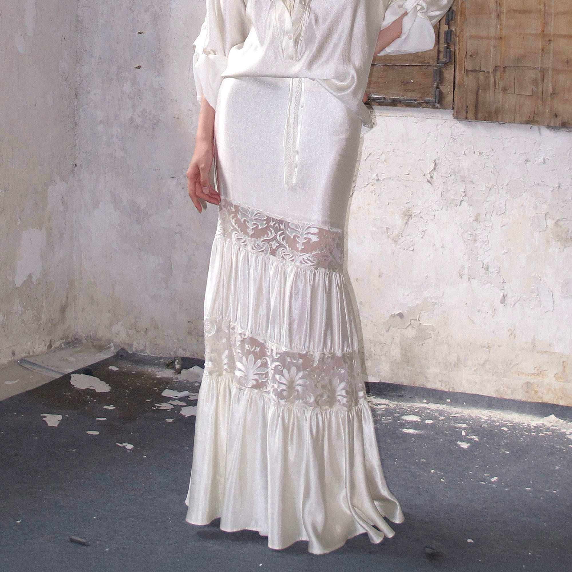 WHYNOTDANCE Lace-Paneled Crinkled Mermaid Maxi Skirt