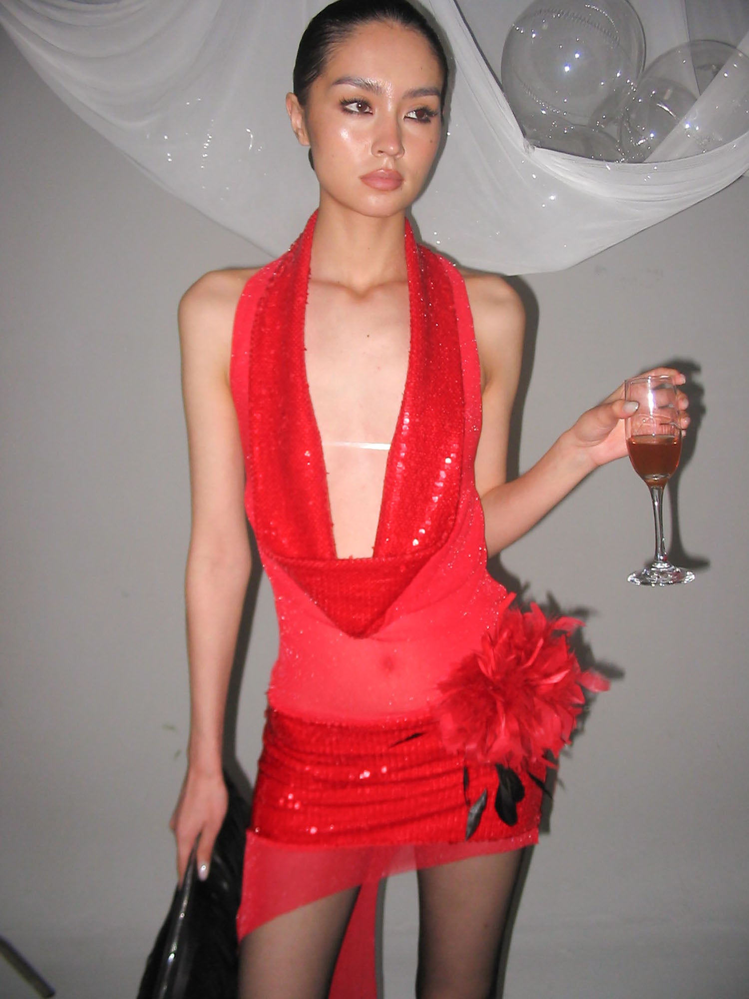 NEVER OFFEND L ANGEL Asymmetrical Hem Backless Sequin Halter Dress