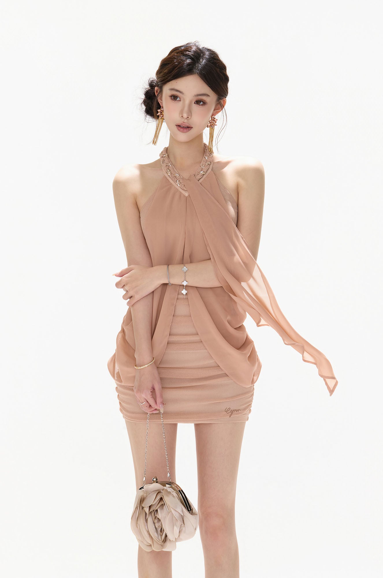 CYNR Beaded Halter Drape Mini Dress